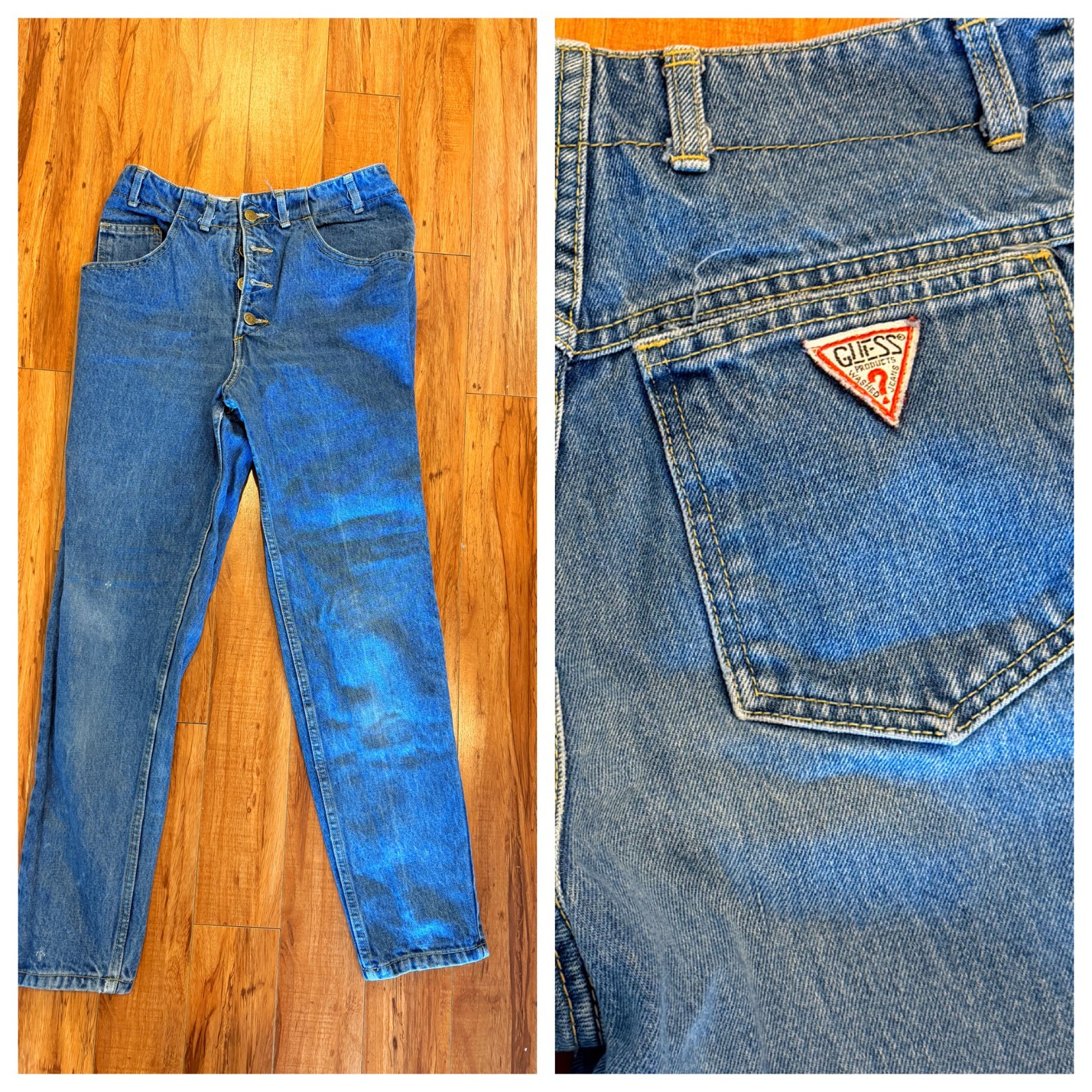 👖 Vtg 80s Made in USA Buttonfly High Waist Light Wash Guess Jeans Logo 28/29