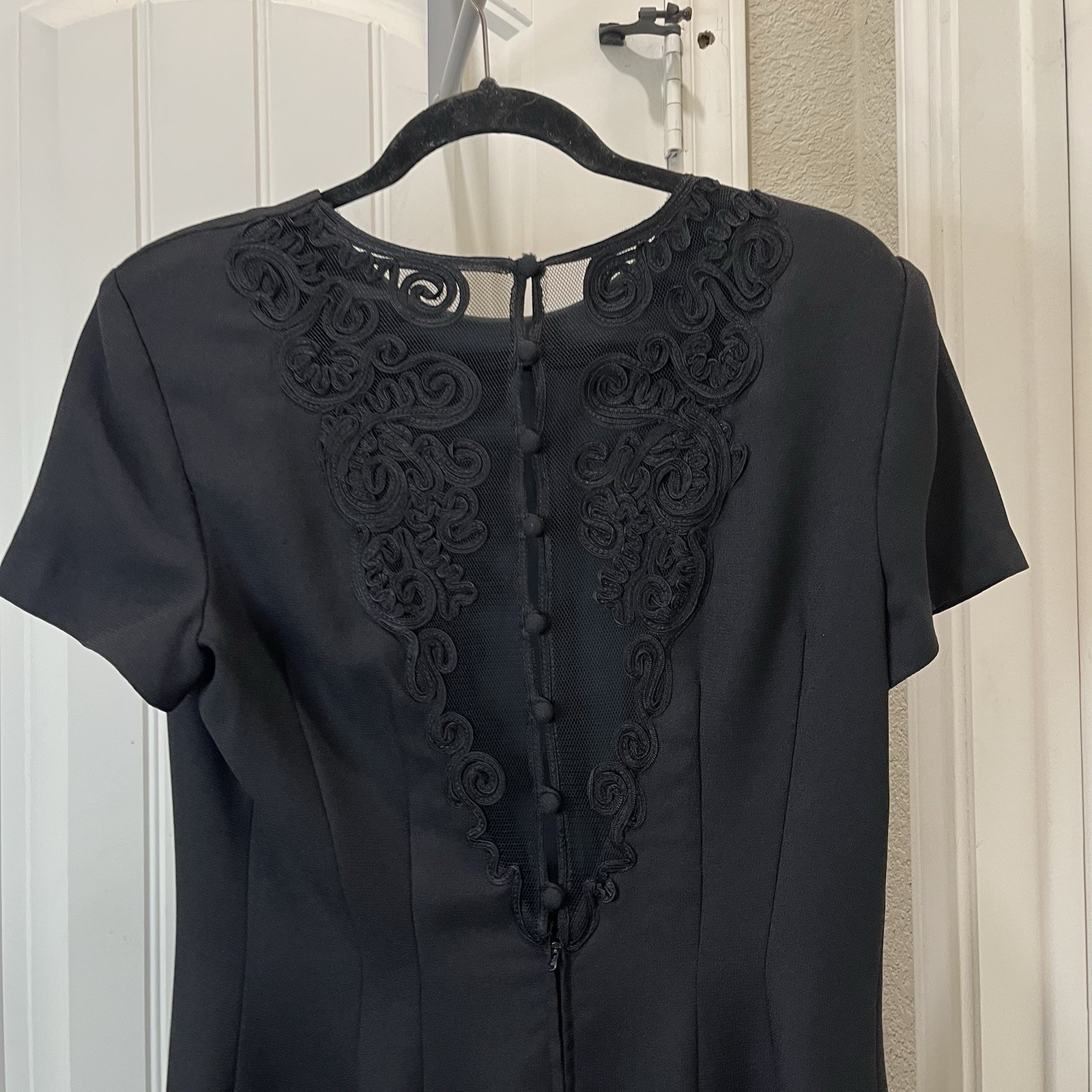 Maggy London By Kenneth Nolan Black Sheer Lace Back Button Zip Midi Dress Sz 14