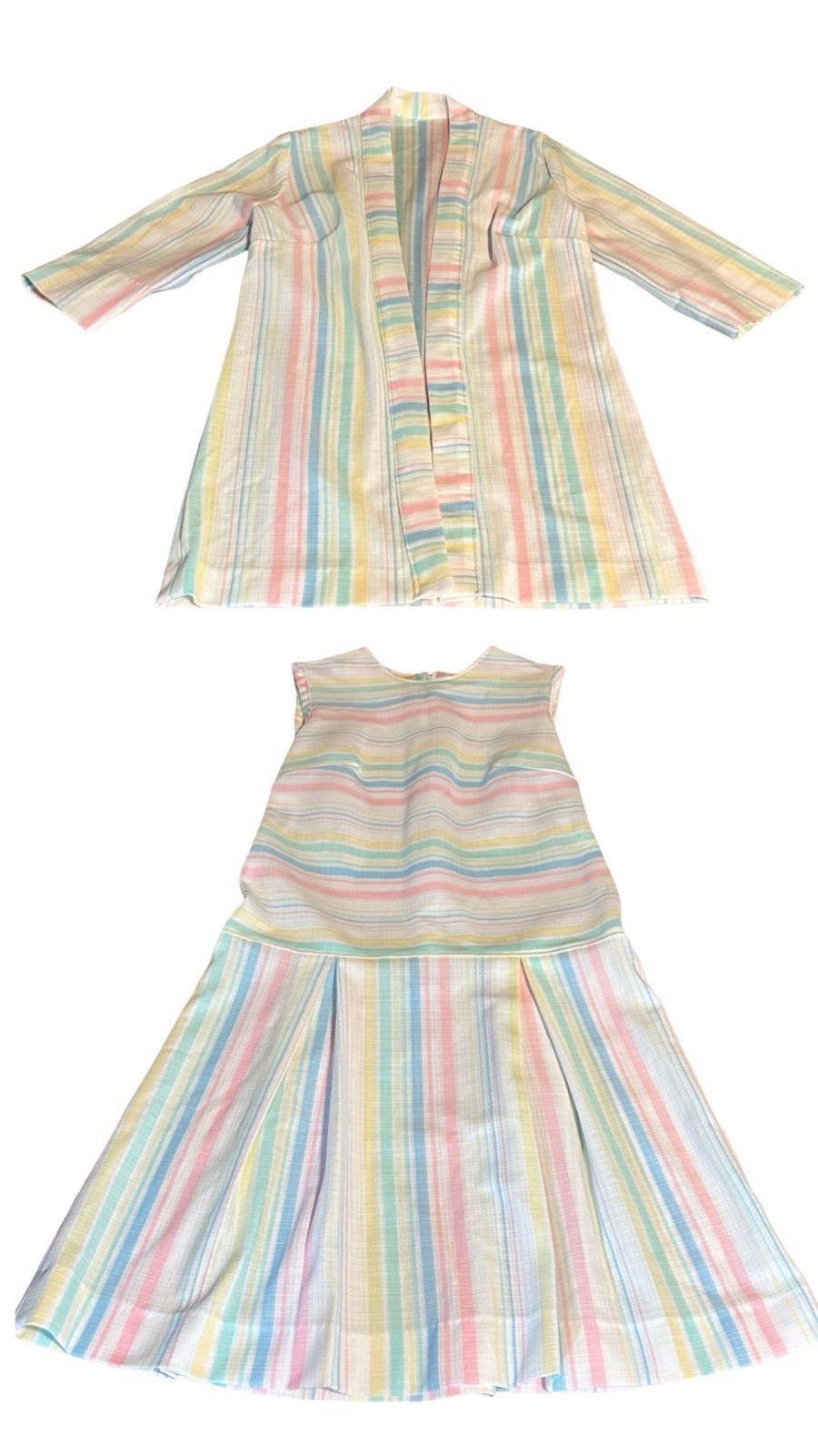 VINTAGE CIRCA 1970’S WHITE W/PASTEL STRIPES DROP WAIST DRESS SET SZ APPX MED