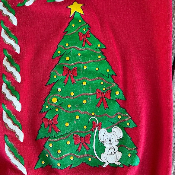 VTG Christmas Sweatshirt Cat Mouse Holiday Time Puffy Graphic Crewneck Med Red
