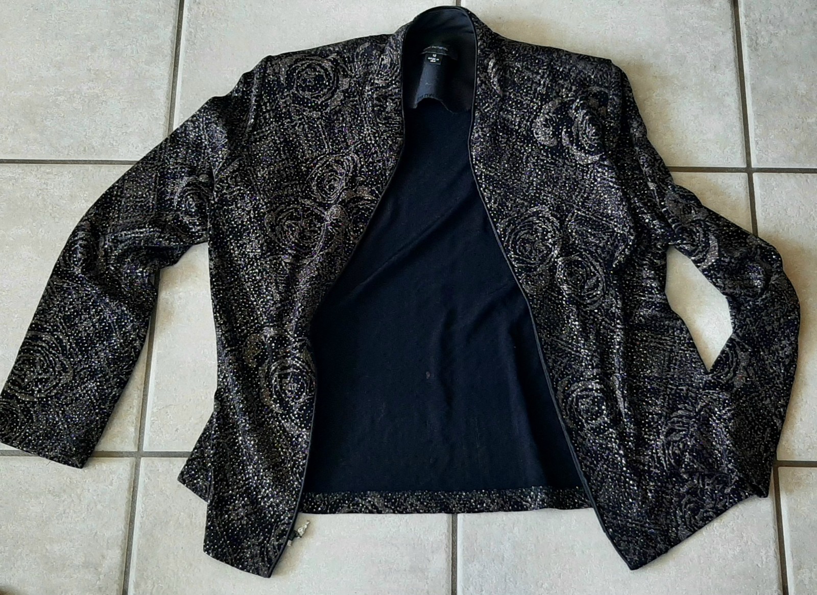 Rare Vintage R&M Richards Velvet Jacket Black Floral Glitter Made in USA Size 12