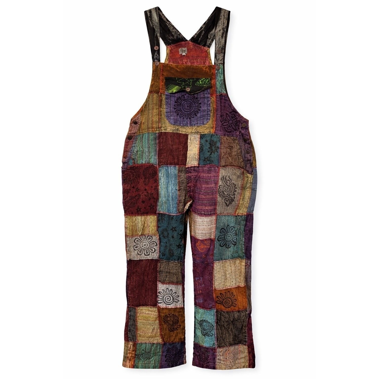 Patchwork Overalls Multi Color Block Print Hippie Festival Bib Jumpsuit LARGE