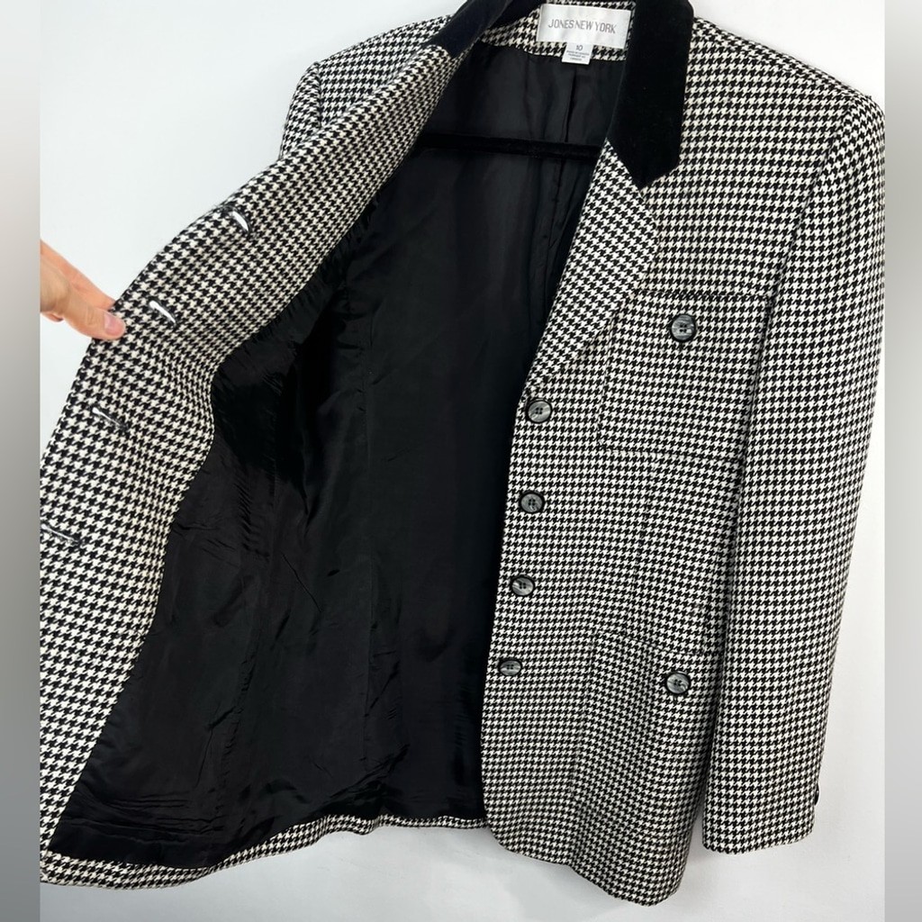 Vintage 80s 90s pure wool black white houndstooth old money oversized blazer 10