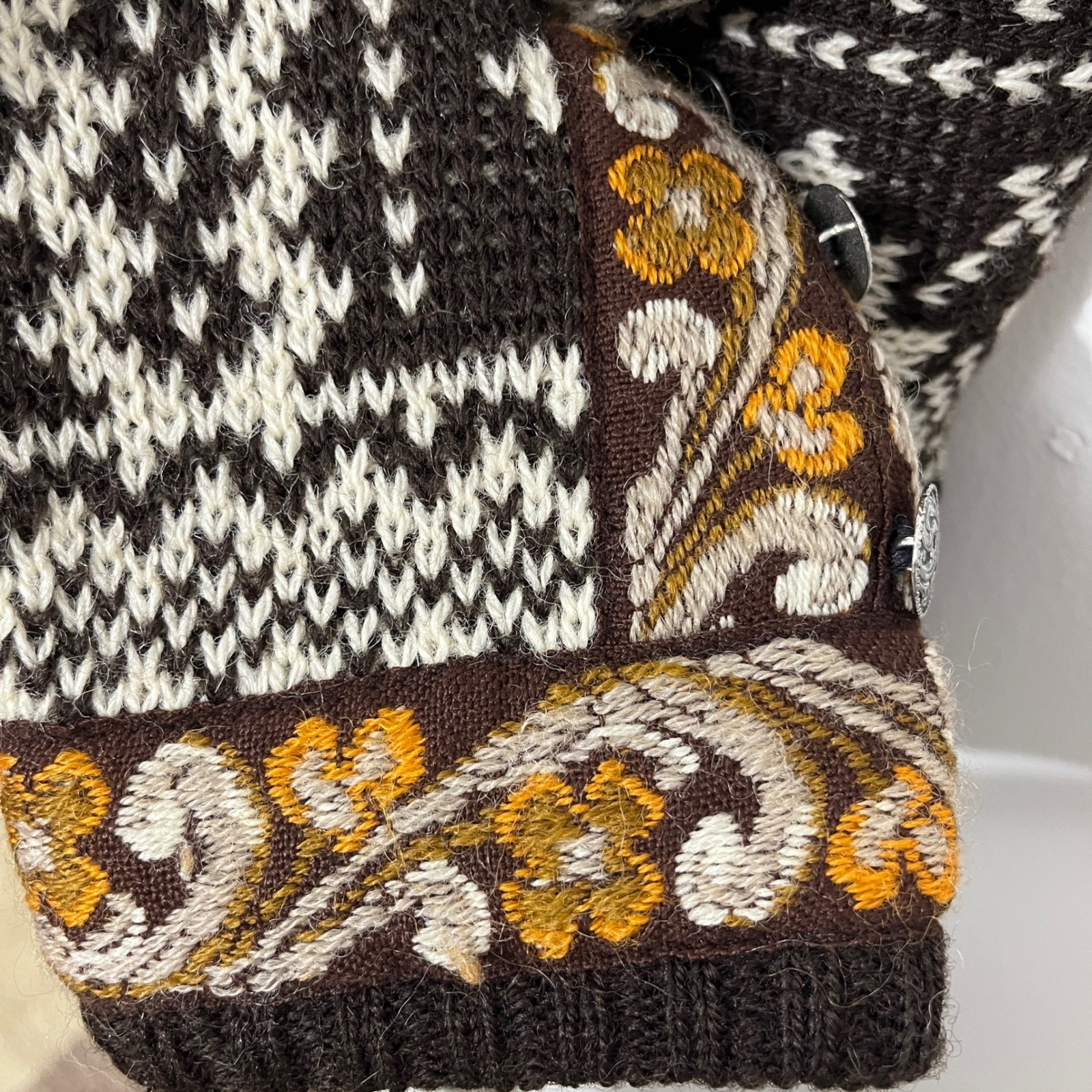 Evebofoss Cardigan Women L Brown Norwegian Wool Fair Isle Pewter Clasp Sweater