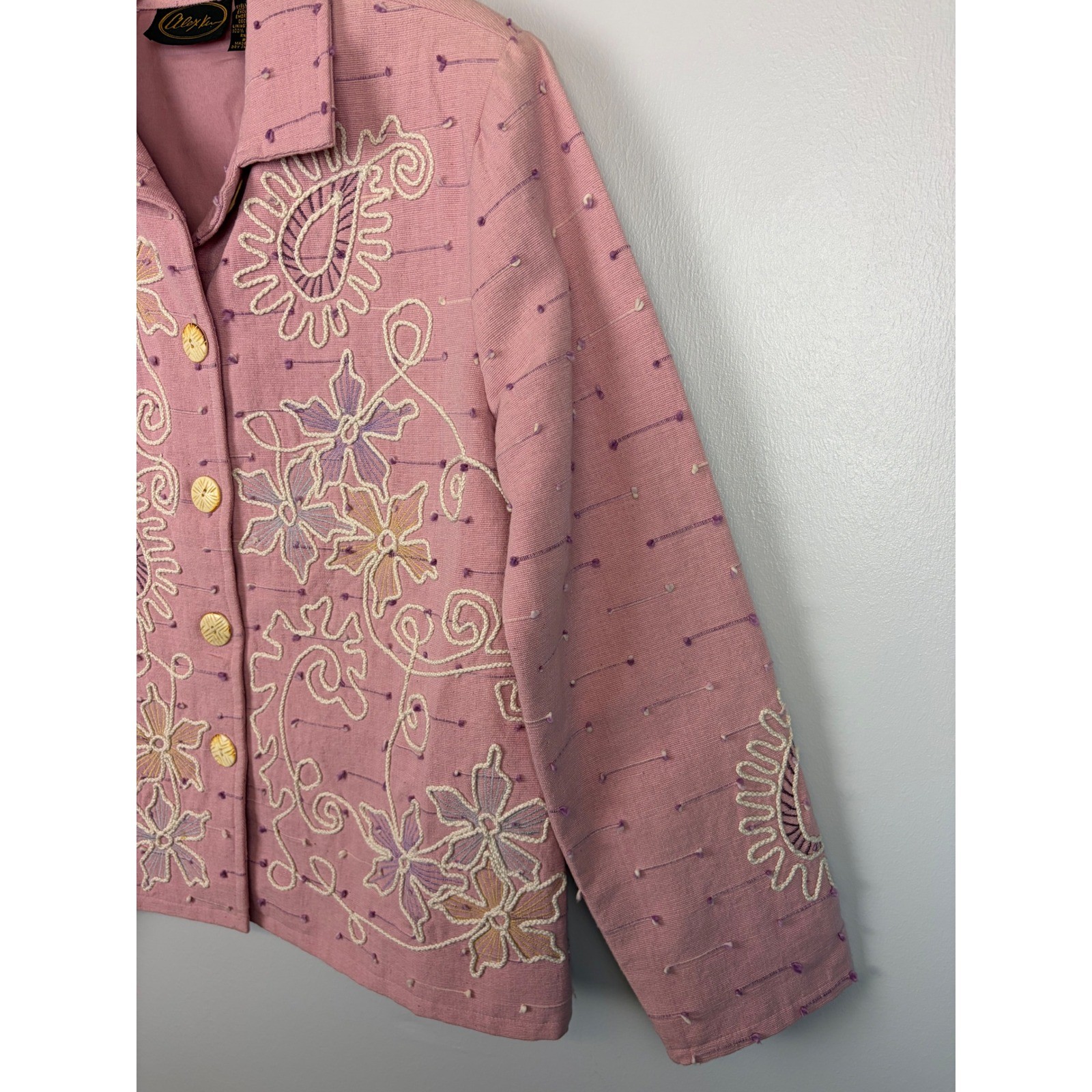 Alex Kim Pink Embroidered Floral Cotton Jacket Medium Art To Wear Boho Statement
