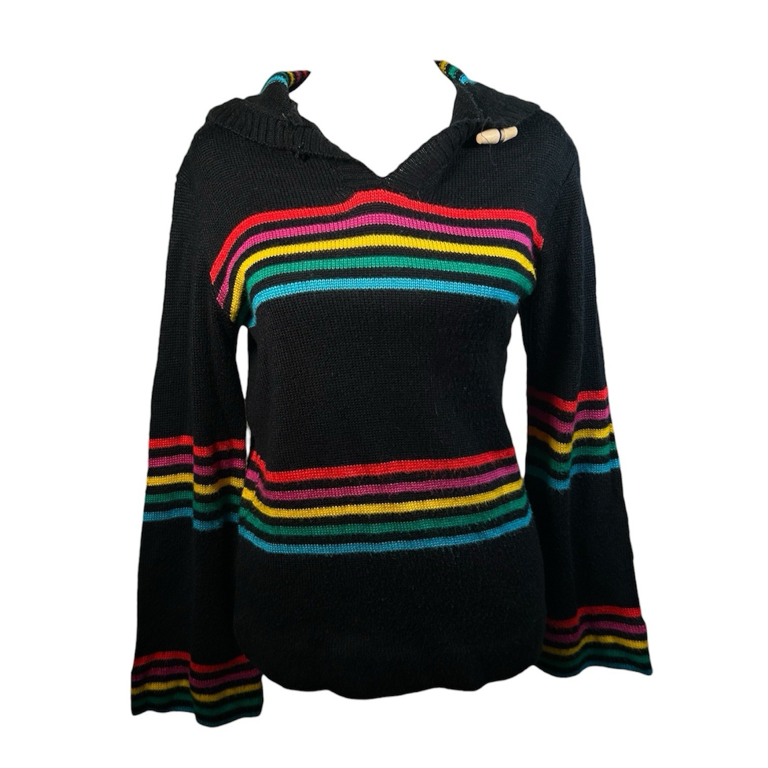 VTG 70s Jr The Broadway Rainbow Striped Hooded Flare Sleeve Retro Sweater S/M
