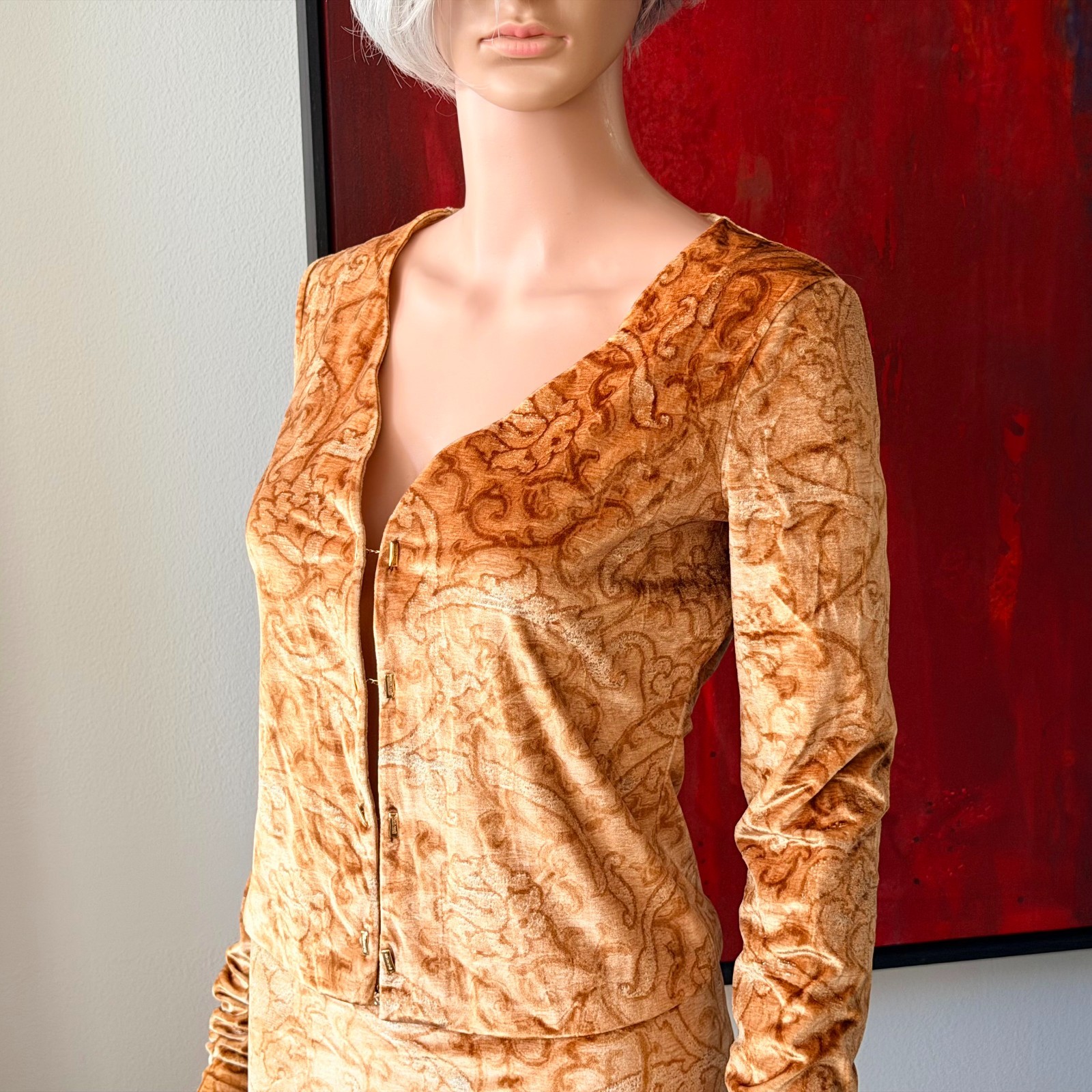 ROBERTO CAVALLI stretch velvet set top & skirt Baroque print from 1990s