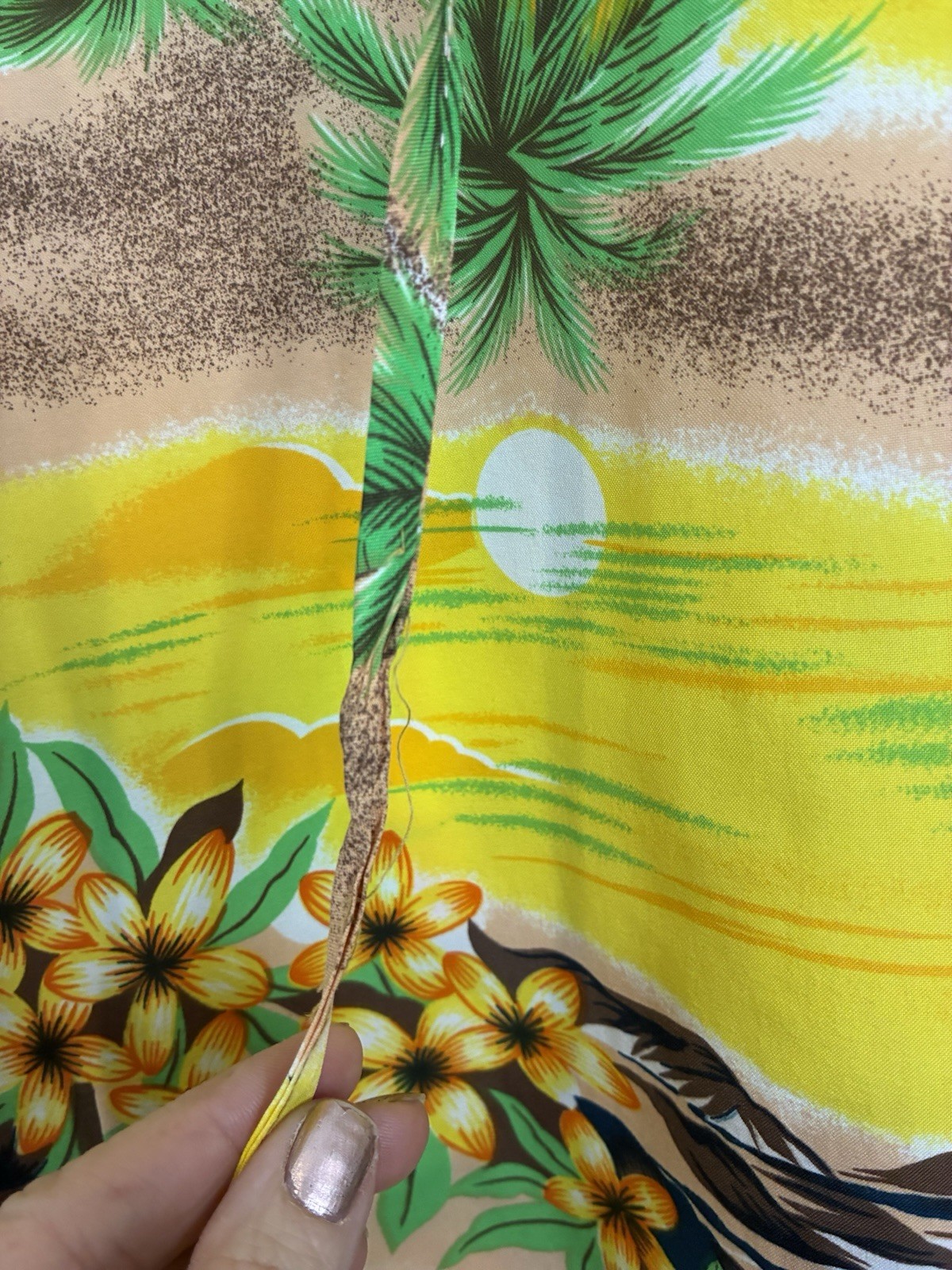 Pomare Hawaii Palm Tree Floral Dress Tiki Acrylic 70’s Vibrant No Size Tag/Flaws