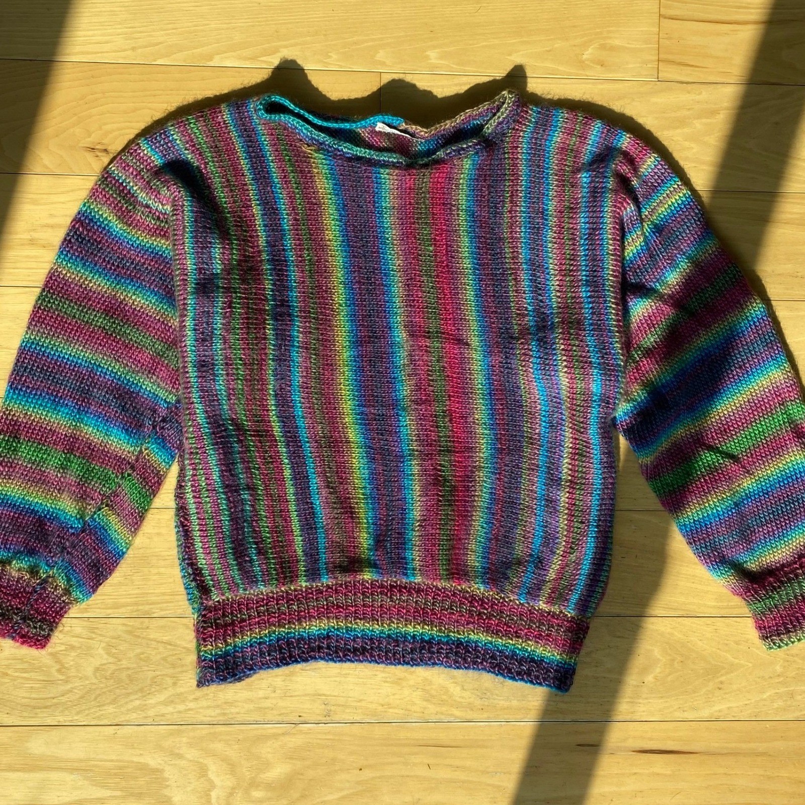 VTG Handknit Colorful Striped Balloon Sleeve Bubble Hem Sweater Twee Grandmacore