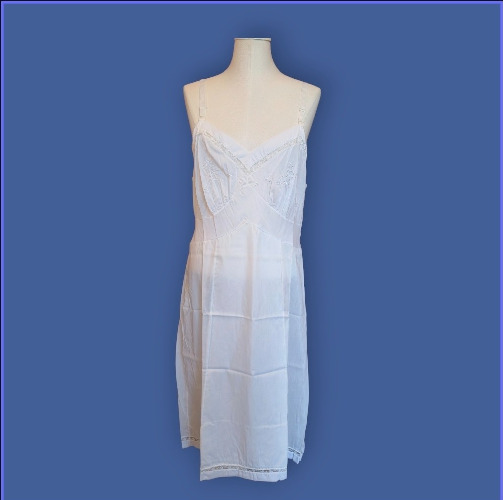 Vintage Garcrest White Cotton Slip Dress Nightgown Lace Trim Adjustable Size 38