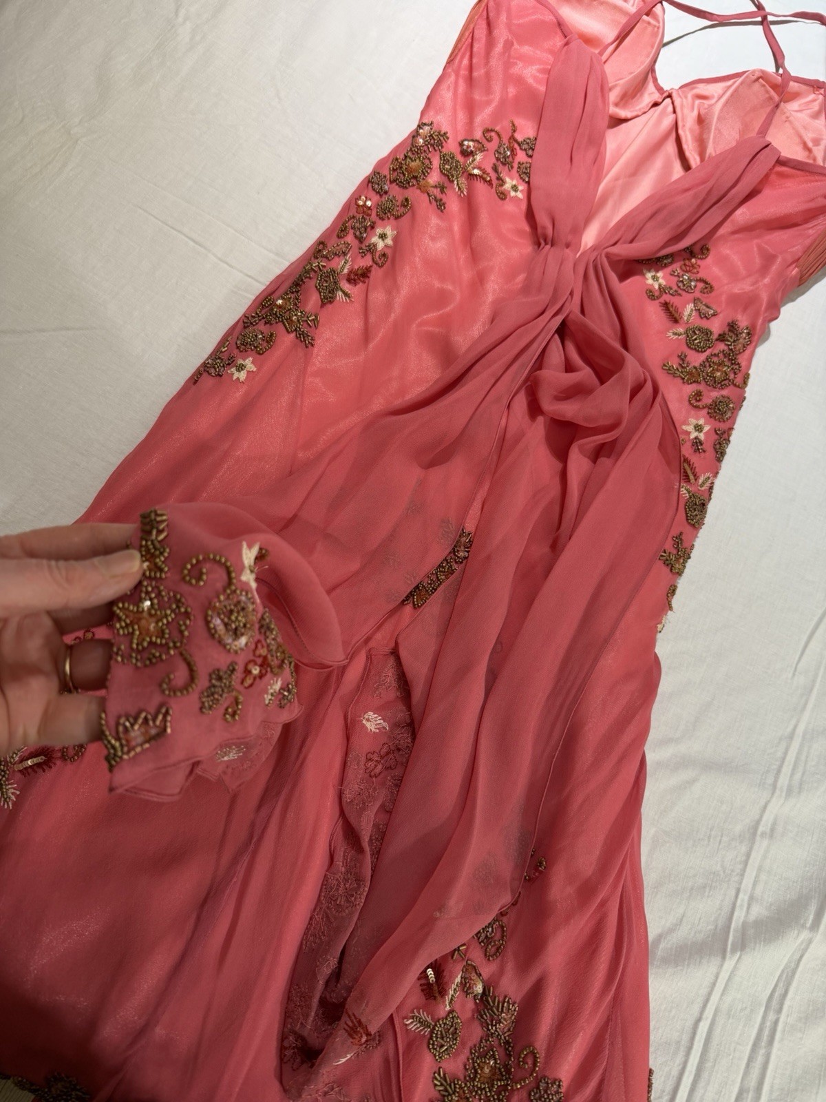 Vintage 90s Scala Coral Salmon Silk Beaded Mermaid Gown-M/L