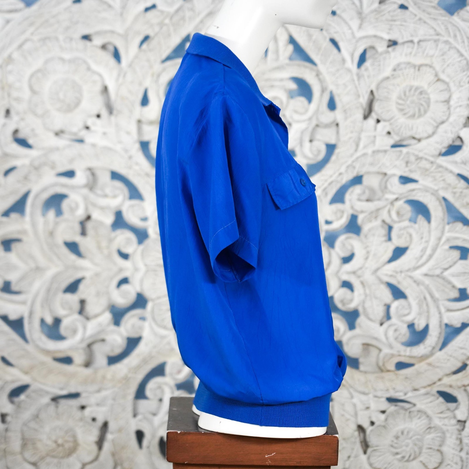 Vintage Rhoda Lee Crinkle Blouson Shirt M Blue USA Made Ribbed Hem Track Style