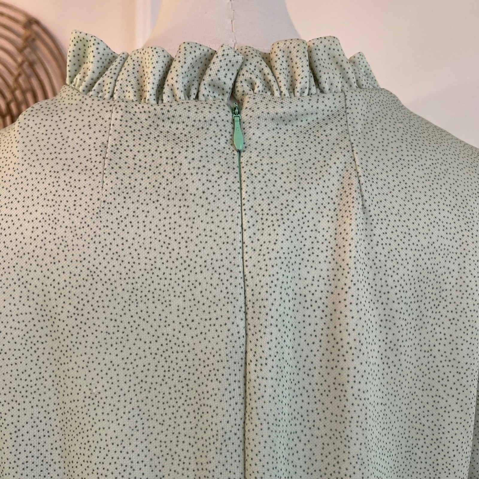 Vintage 70s Handmade Microdot Sage Green Ruffle Empire Midi Dress Cottagecore L