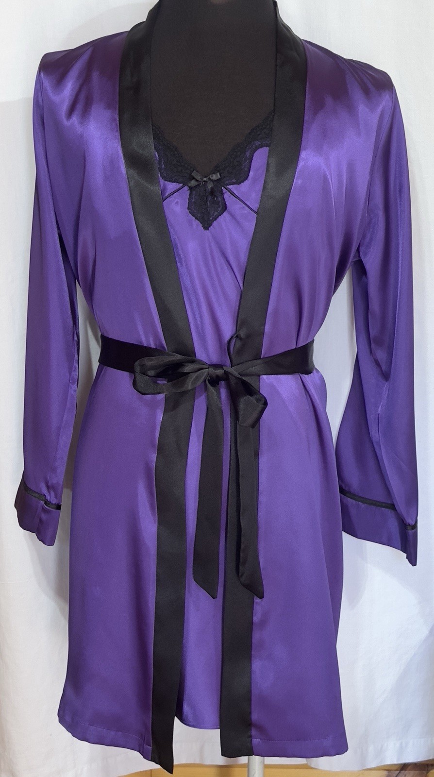 Y2K New Directions Satin Purple With Black Trim Peignoir Set XL Excellent