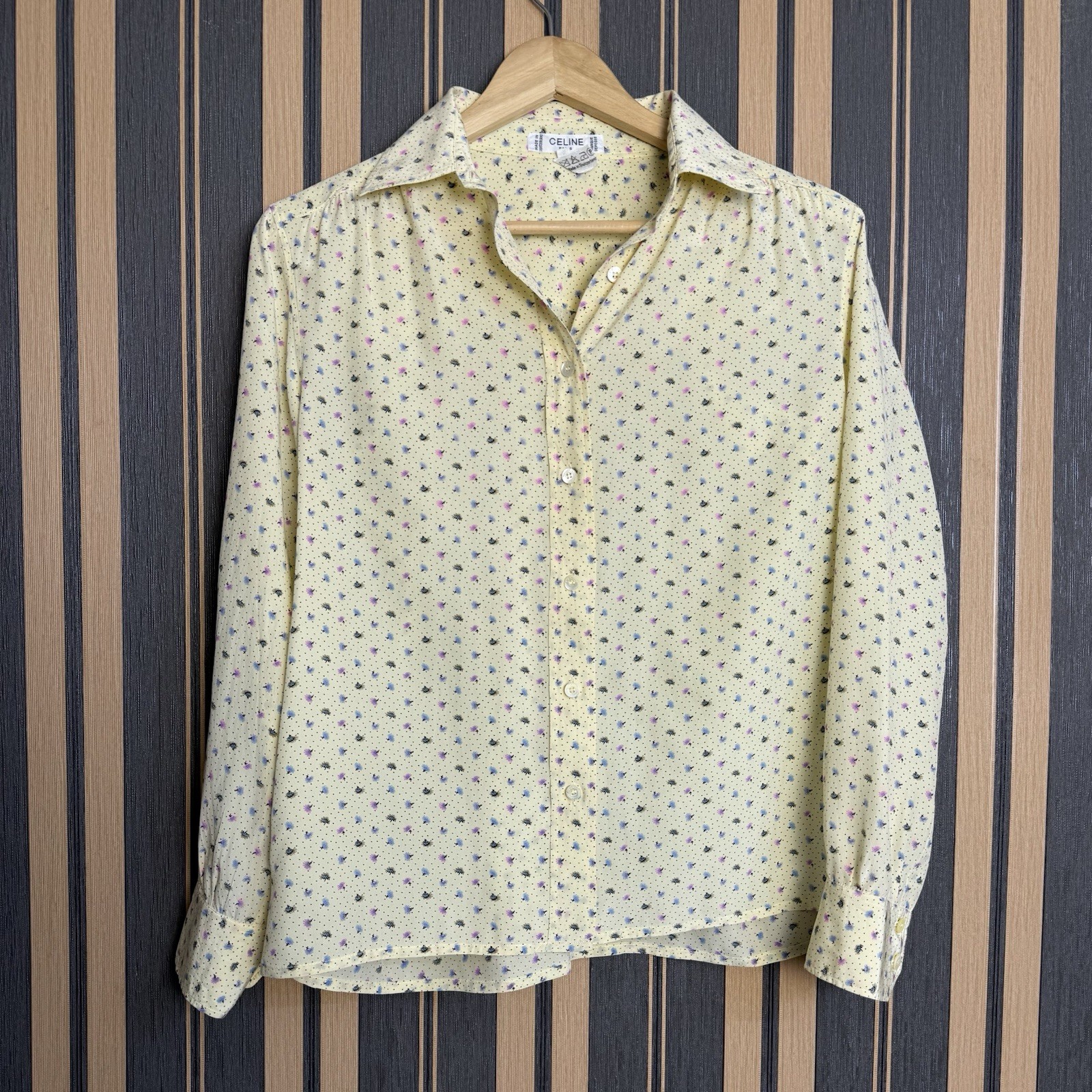 Rare Vintage CELINE Paris Silk Blouse – Made in Switzerland Yellow Floral EU44