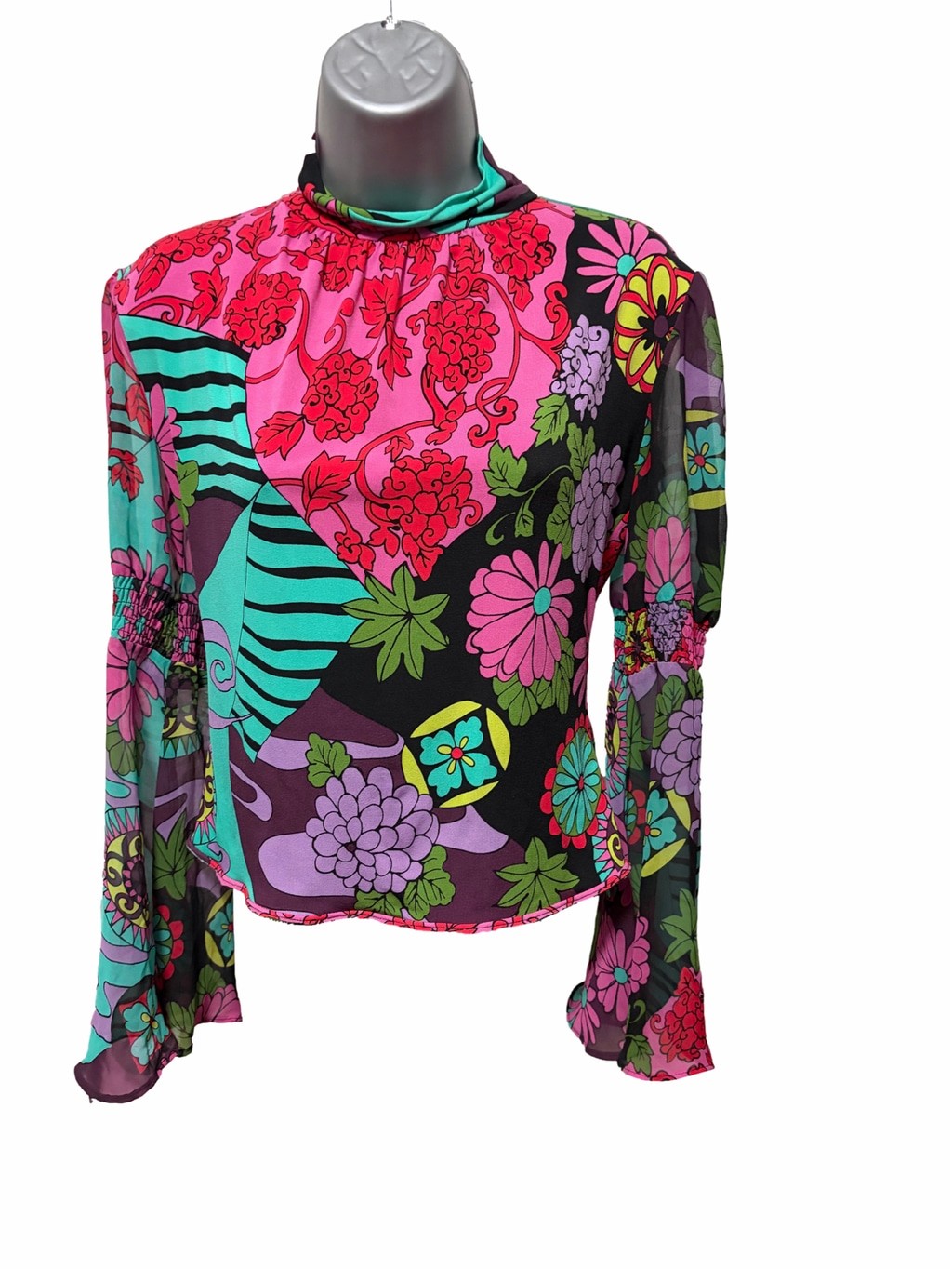 Bisou Bisou Michele Bohbot Mock Neck Blouse Bold Psychedelic Floral Print Medium