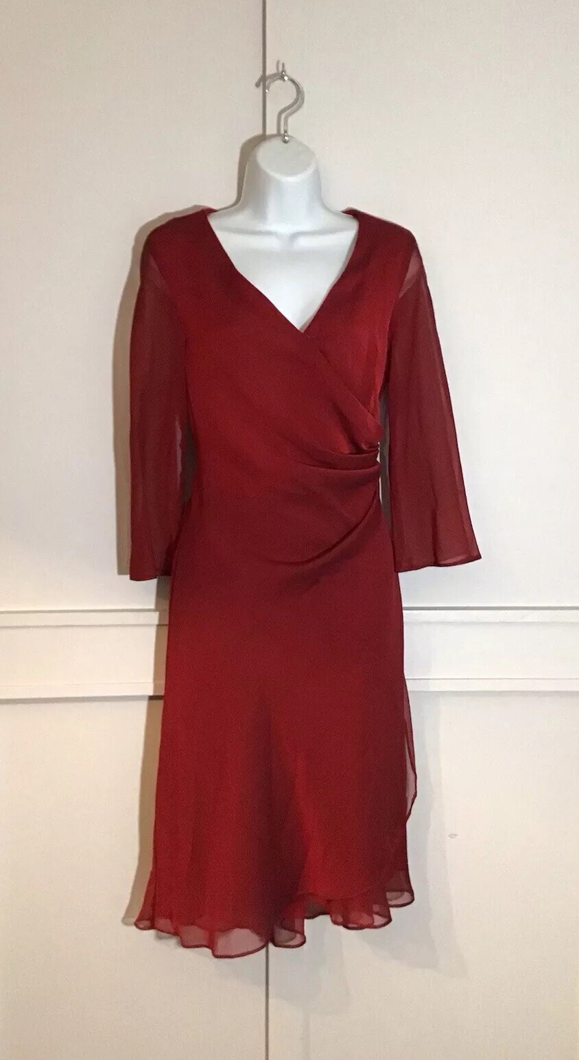 Vintage Donna Ricco Red Chiffon Faux Wrap Dress Size 10 Lined