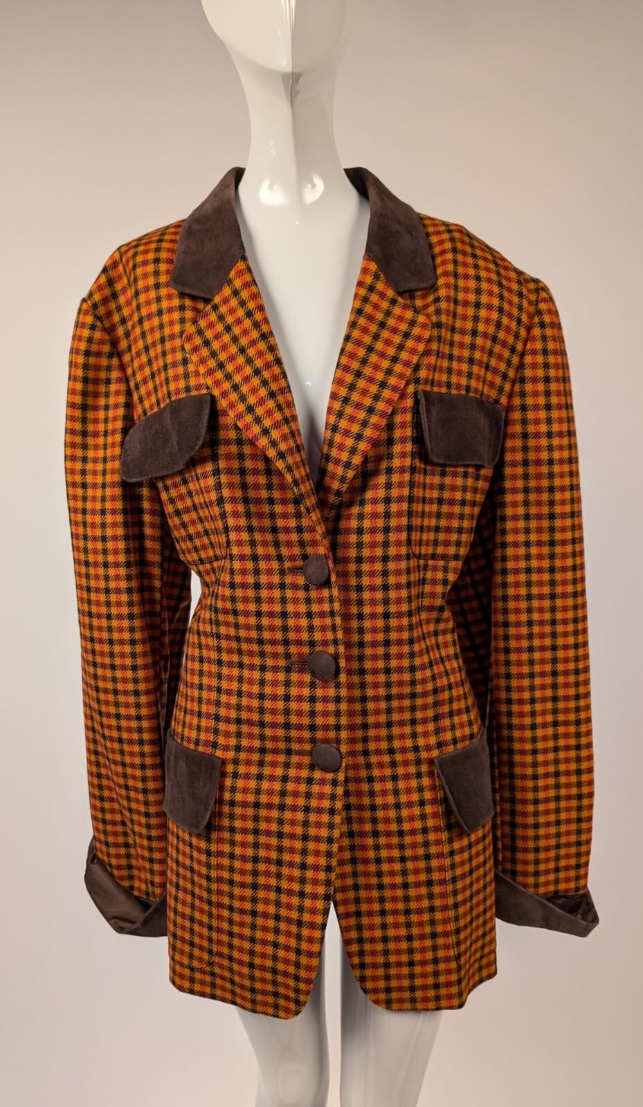 LOUIS FERAUD ORANGE PLAID WOOL + SOLID SUEDE JACKET MADE IN GERMANY