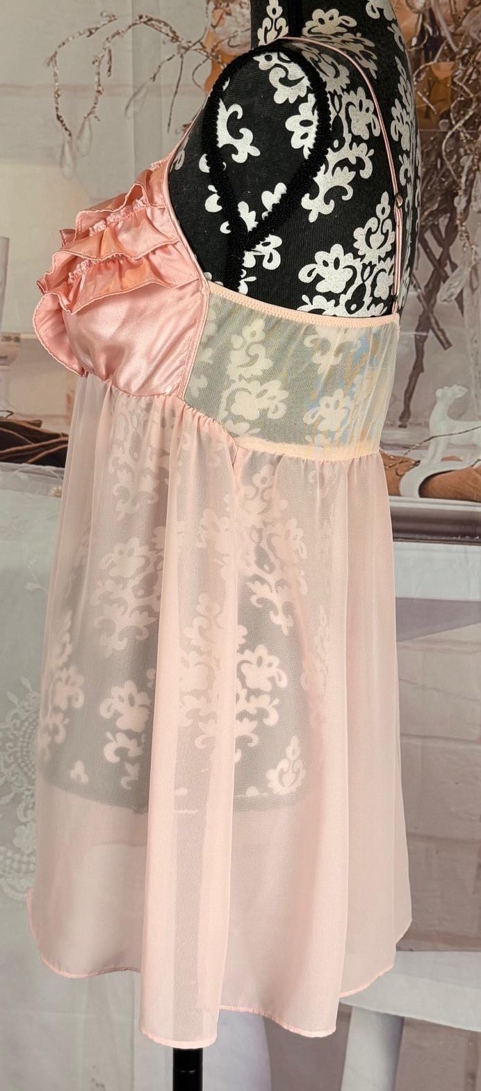 VTG Y2K Ambrielle™ Pink Sheer Chiffon Ruffled Satin Bra Babydoll Night Dress M