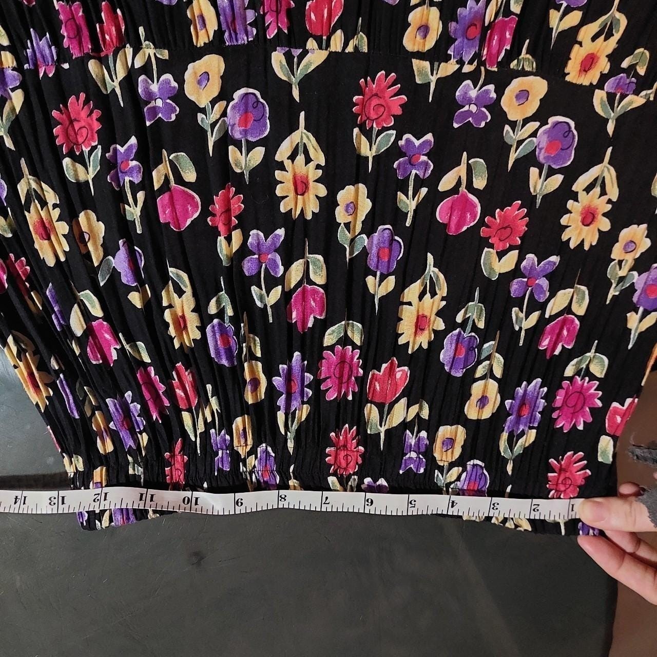 Vintage made in USA floral black, green purple pink and yellow floral maxi skirt