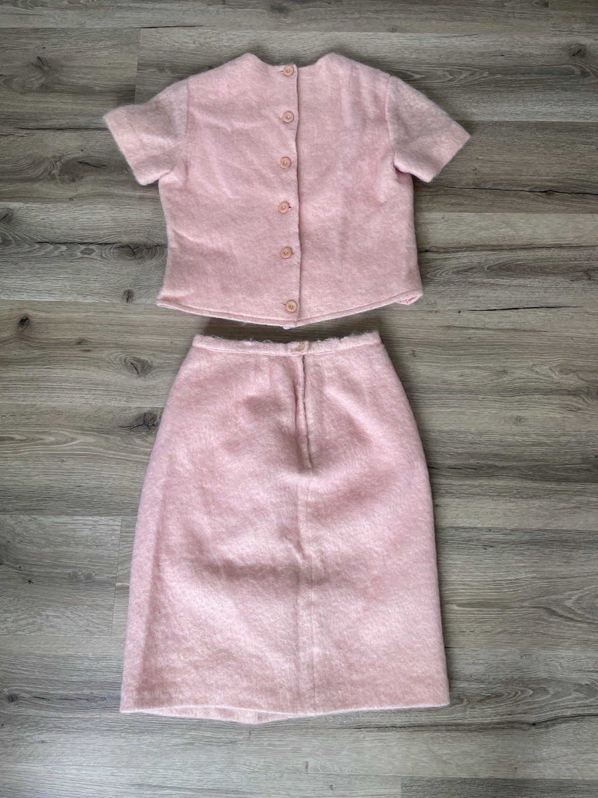 Vintage 1960s Bobbie Brooks Pink Angora Wool Skirt Suit Set USA Women’s 2 Pc