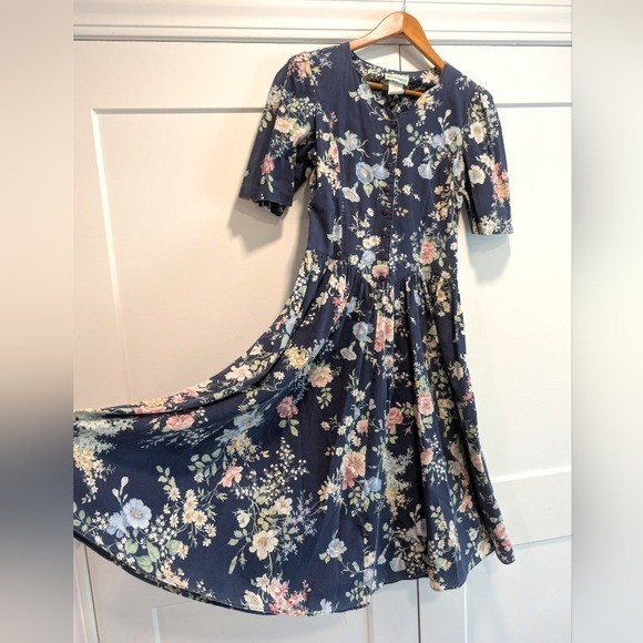 VINTAGE 80s Willow Ridge Navy Floral Midi Victorian Prairie Dress