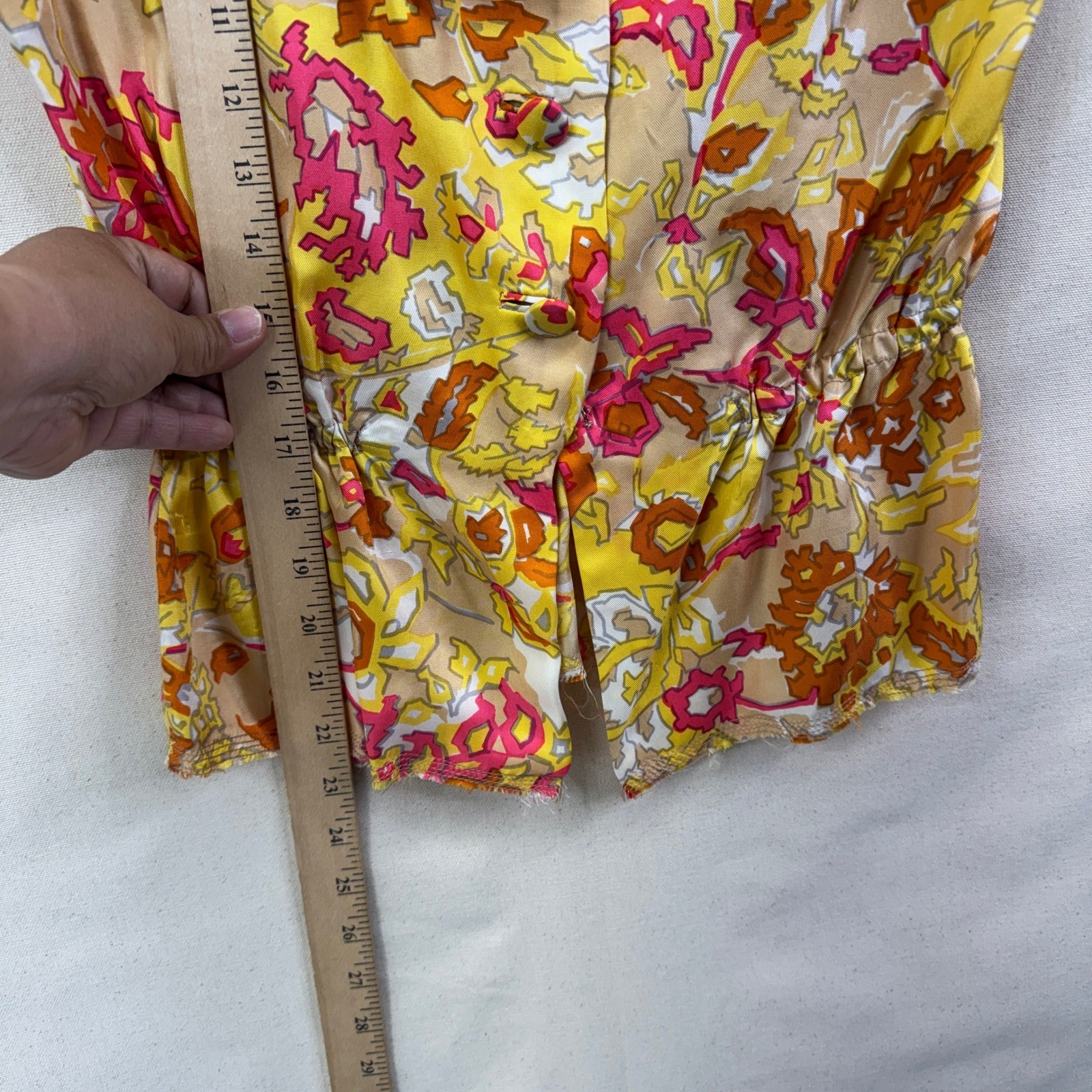 Sleeveless Bow Tie Blouse Yellow Floral Psychedelic Retro OOAF Womens S