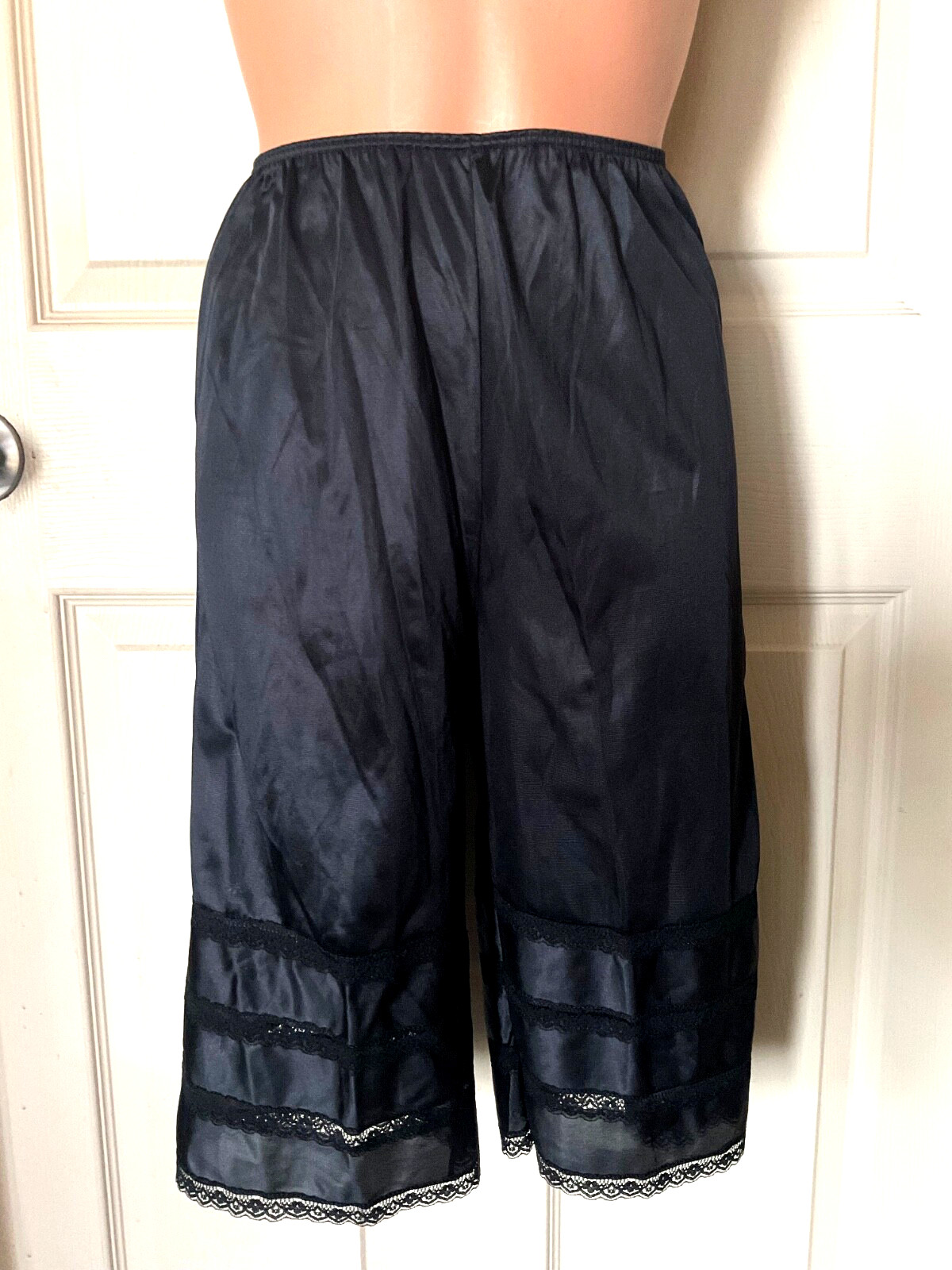 Vintage Sears Black Nylon Slip Bloomers Lace Panel Pettipants Lingerie Sz.Small