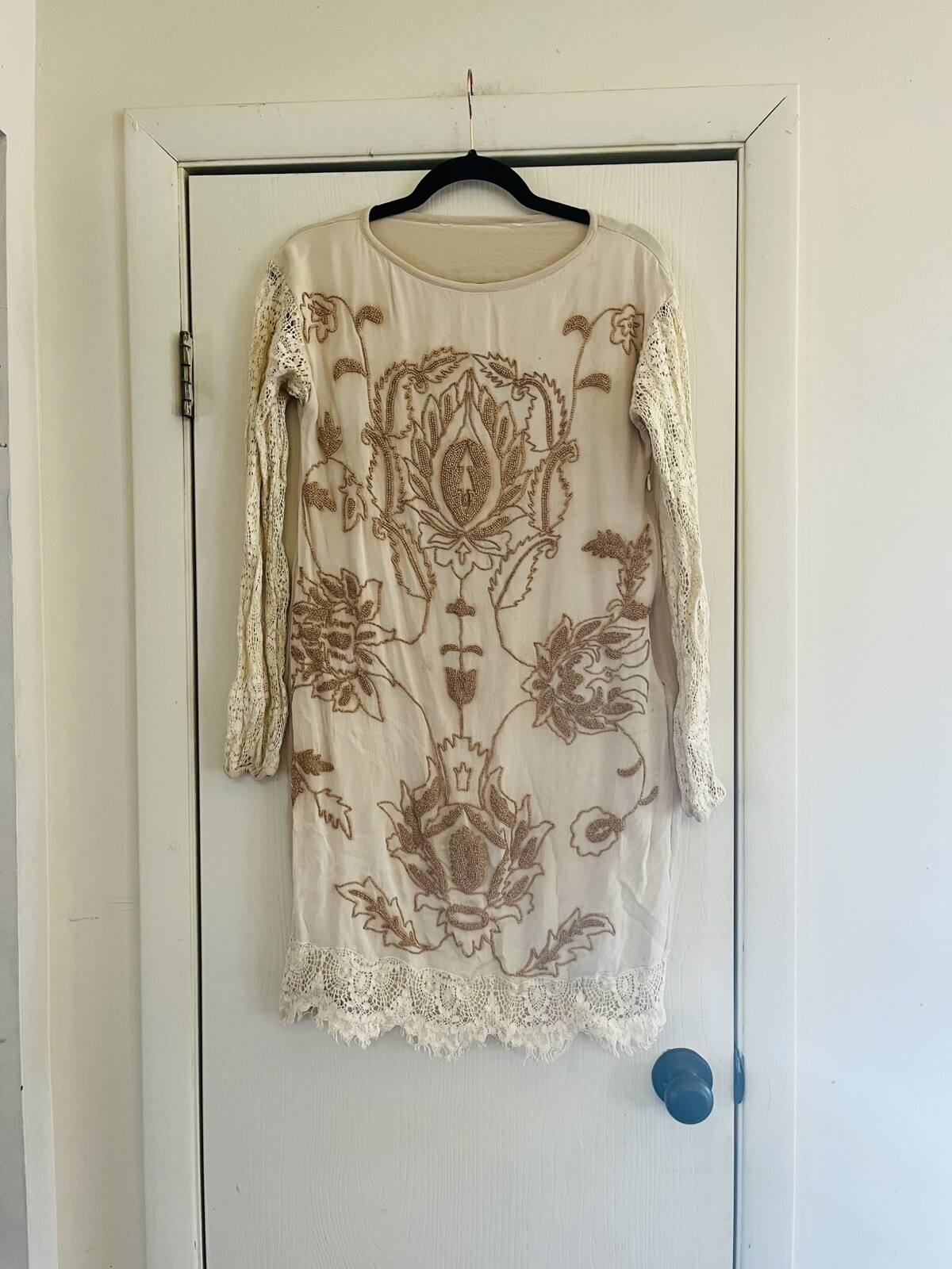 VTG 70s Art Nouveau Boho French Lace Silk Hand Bead 20s Art Deco Flapper Dress S