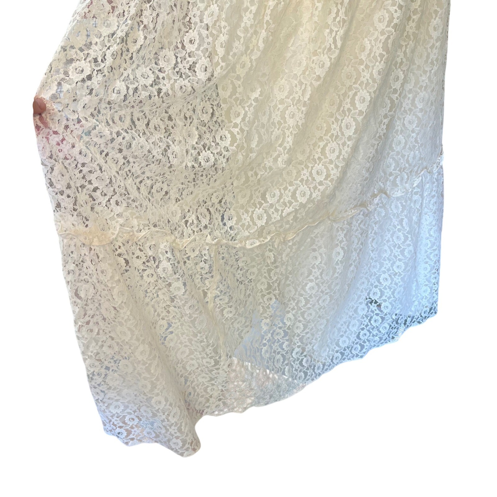Vintage 70s Candi Jones Ivory Lace Maxi Dress Smocked Prairie Boho Wedding Small