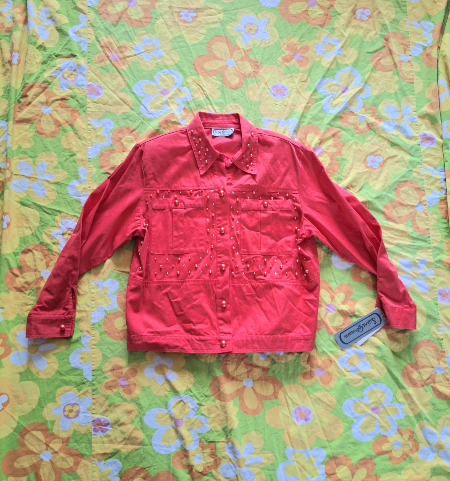 90s Vintage Bedazzled Coral Orange Pink NWT Deadstock Size L Denim Bomber Jacket