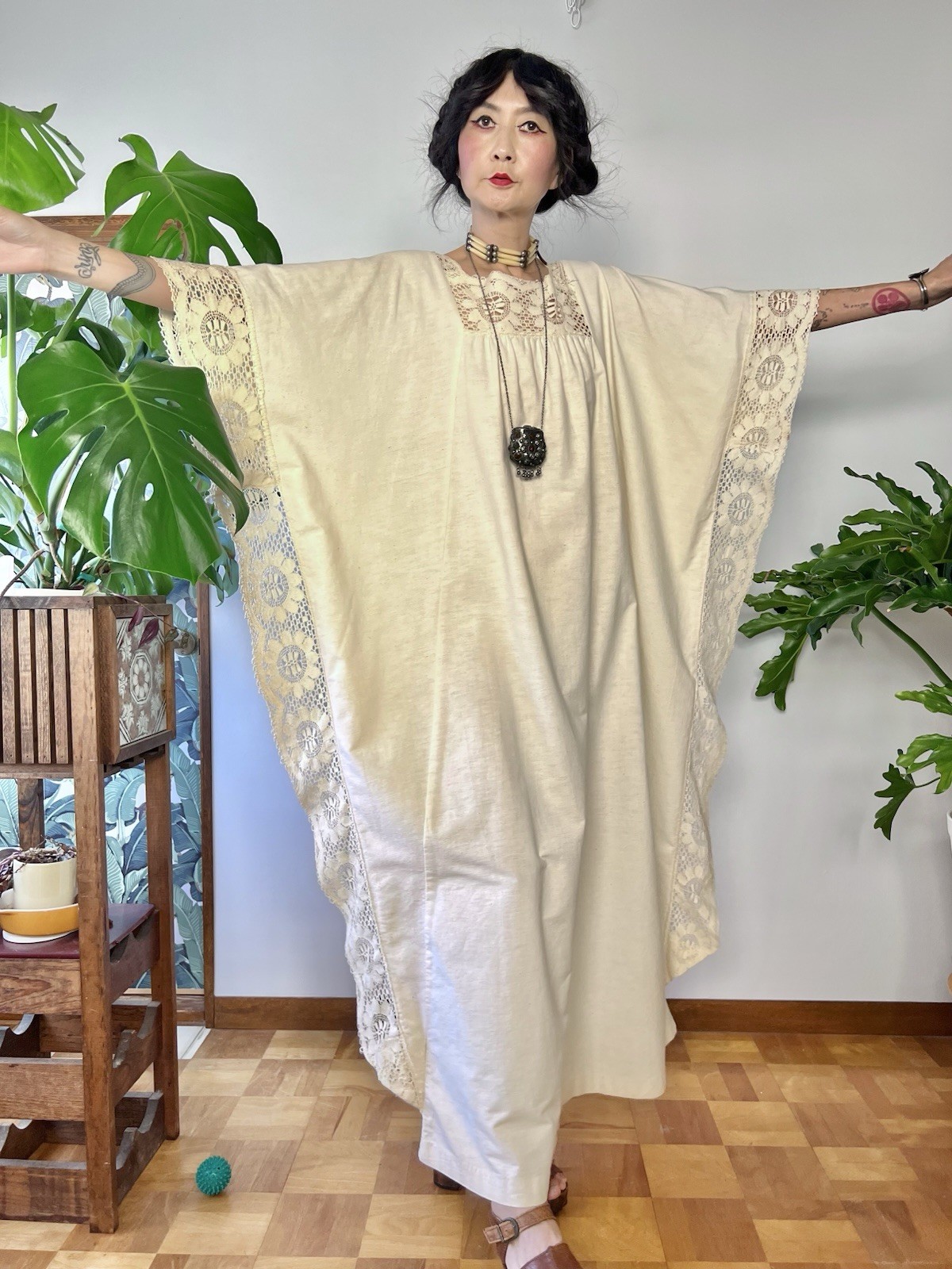 1970s Miss K by Alfred Shaheen Crochet Lace Caftan Dress Boho Cotton Maxi Kaftan