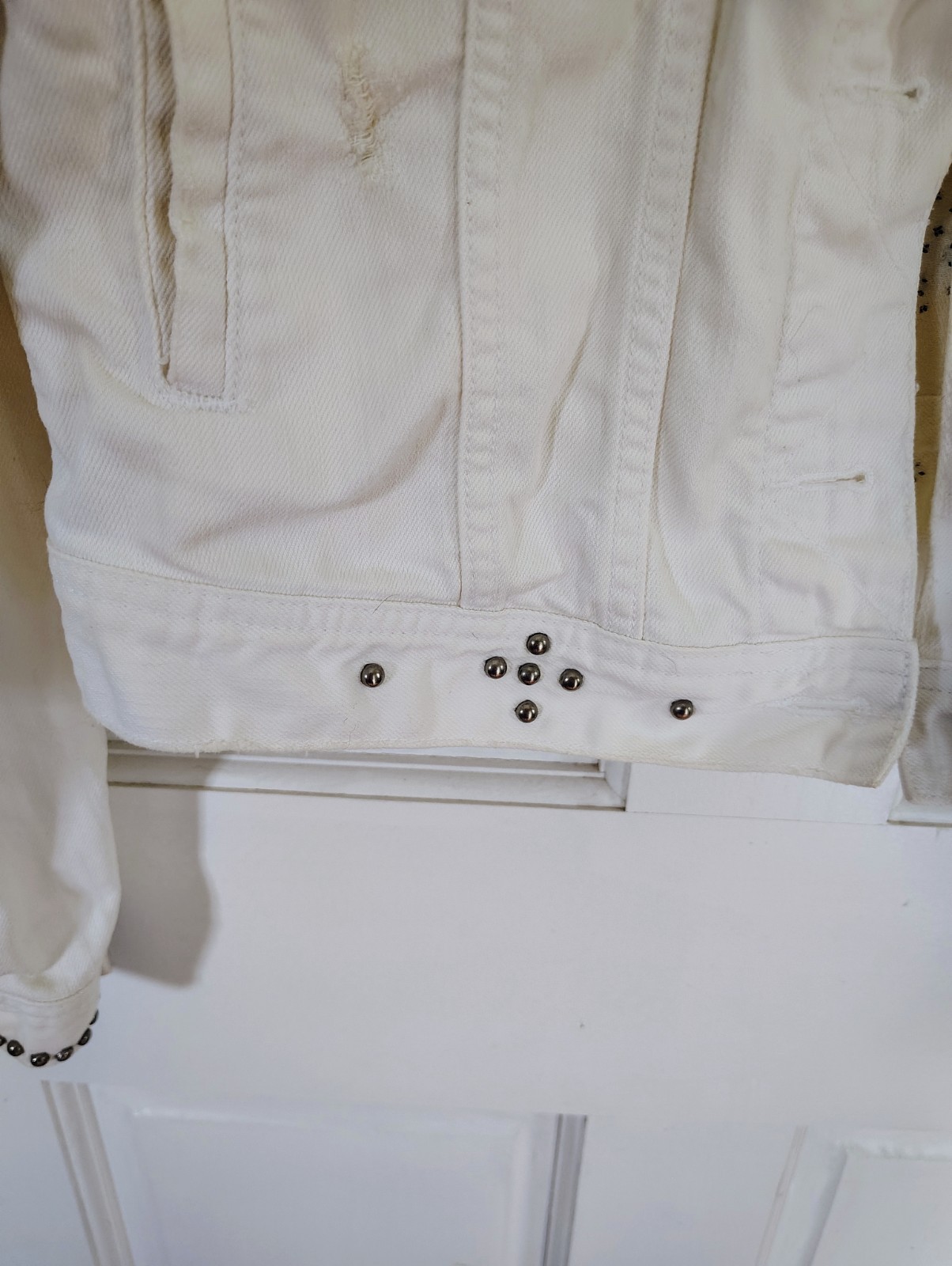 Lucky Brand Studded Denim Jacket XL White Cream Heavy Metal Studs Boho Medallion