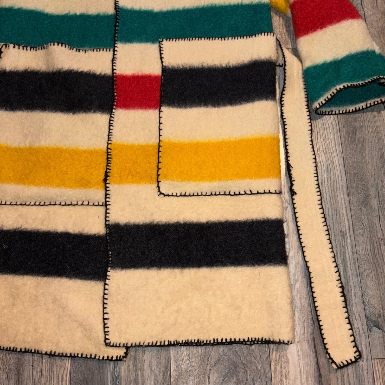 Vintage Handmade Hudson Bay Style Wool Blanket Coat Multi Stripe Hooded Belted