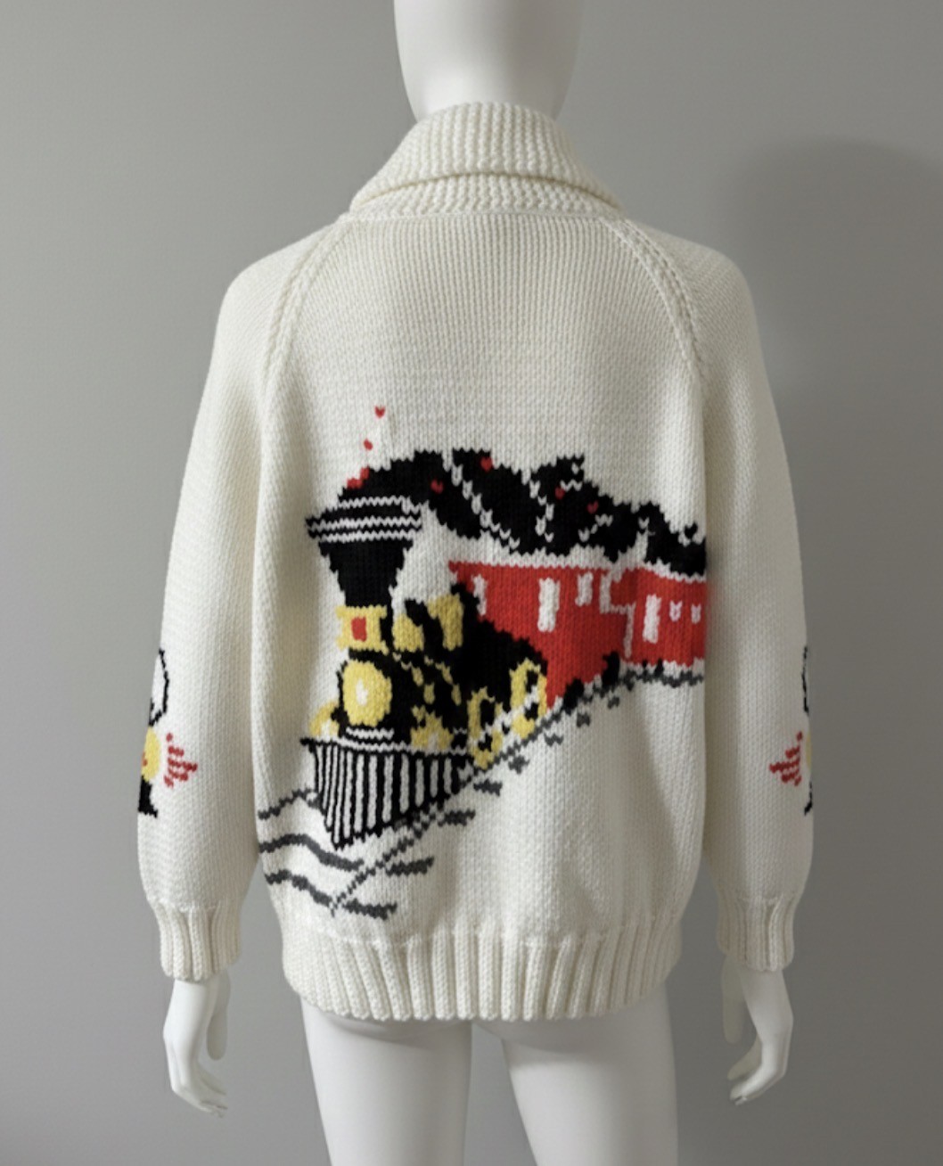 Hand crafted train theme Knit Wool Sweater Curling Stone Zip Cardigan, Size L