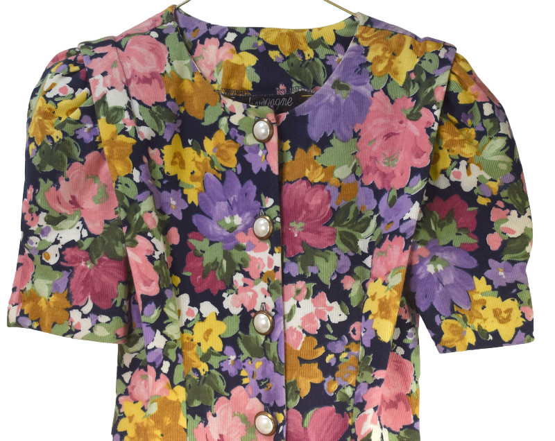 Vtg Corduroy Dress Womens XS-S Black Floral Button Front Shoulder Pads Made USA