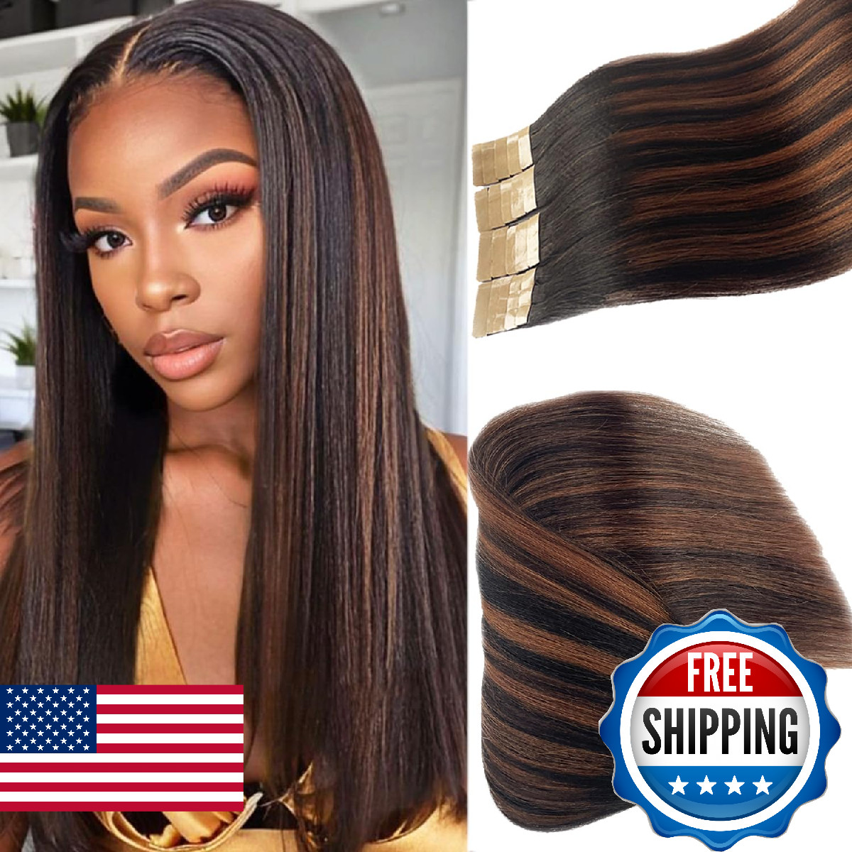Tape in Hair Extensions Ombre Brown Highlight Light Yaki Straight Real Remy Huma