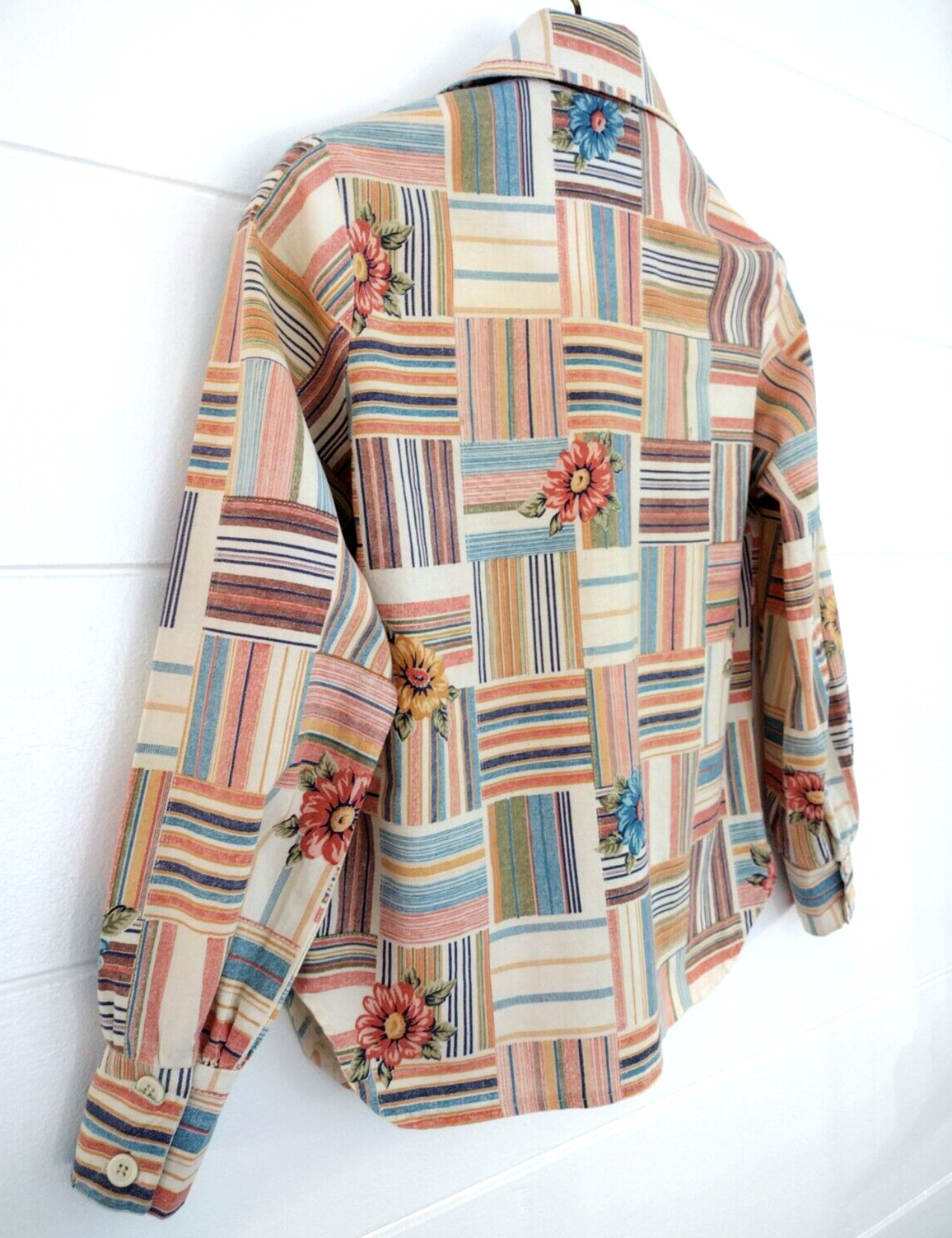 Vtg 70’s Western Patchwork Dagger Collar Plaid Button-Up Retro Mod Blouse Sz S