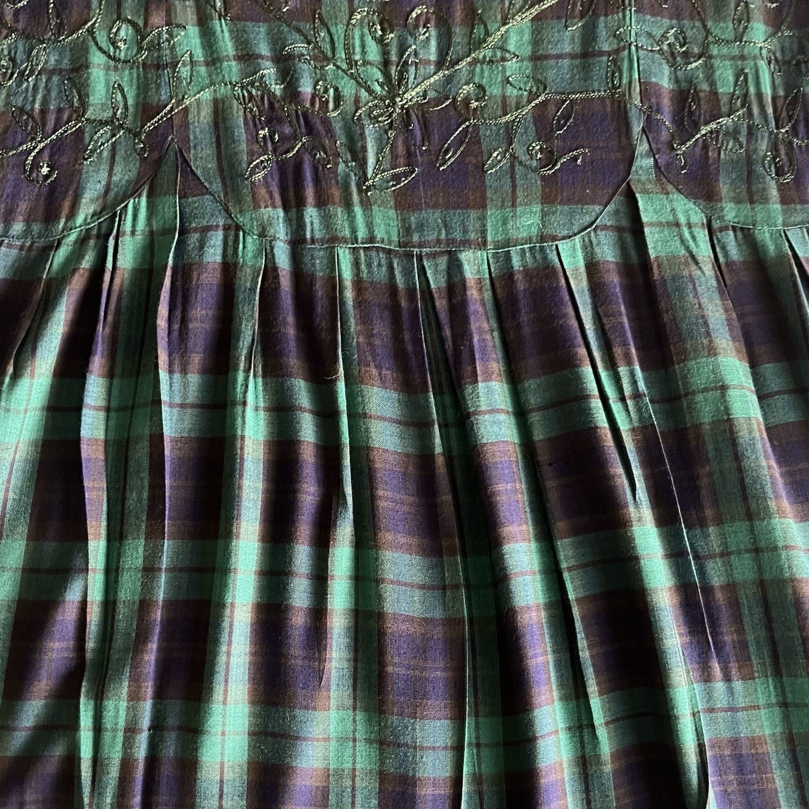 VTG LGS 90s Plaid Embroidered Drop Waist Maxi Dress 12 Tartan Plaid Shoulder Pad