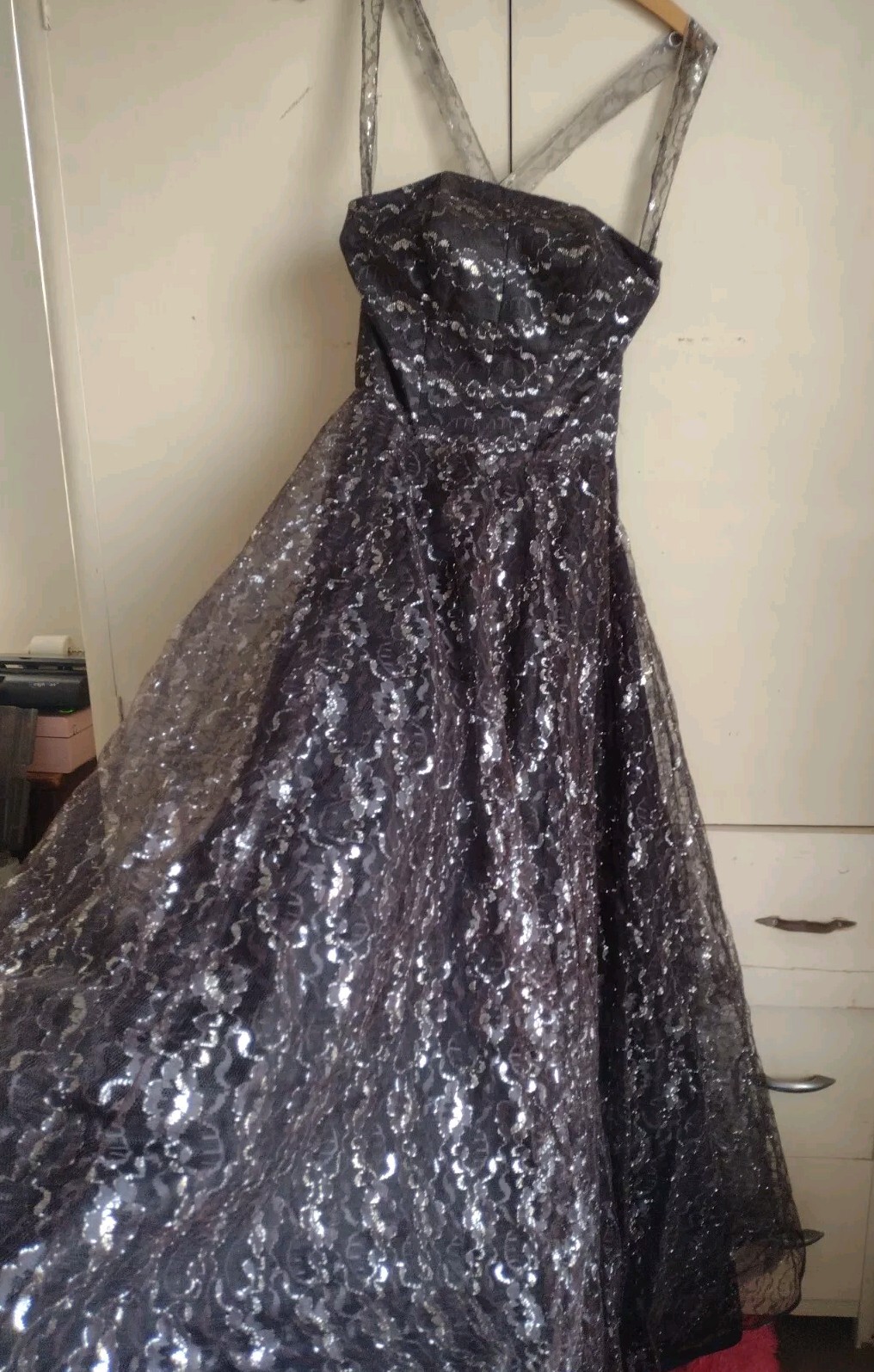 VTG 50s Lace Prom Dress Nip Waist Full Skirt Pinup Whimsigoth Mid Century 60s