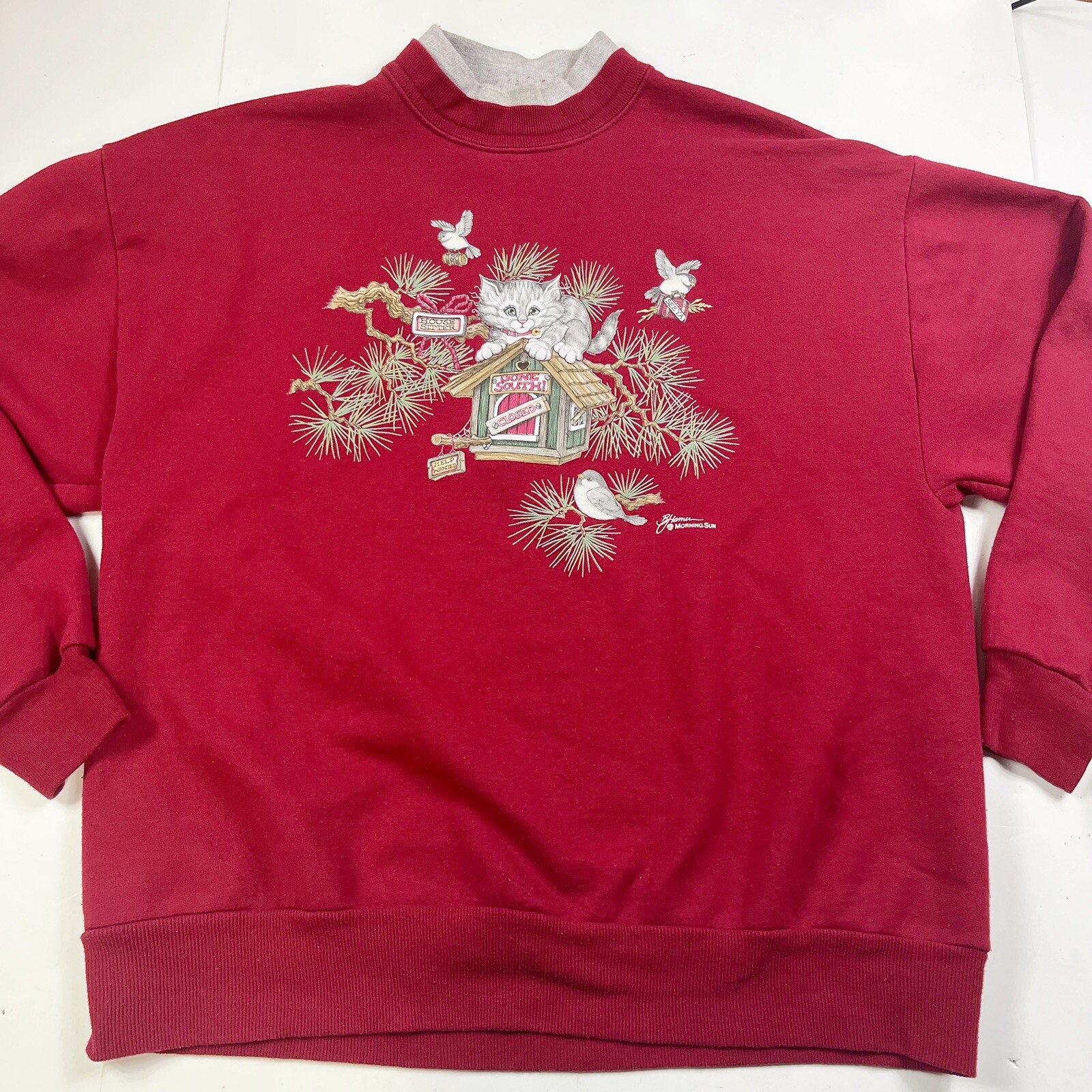 Vtg Cat Sweatshirt size Large Birds Nature Red Pullover Animals 90s Butter Mom