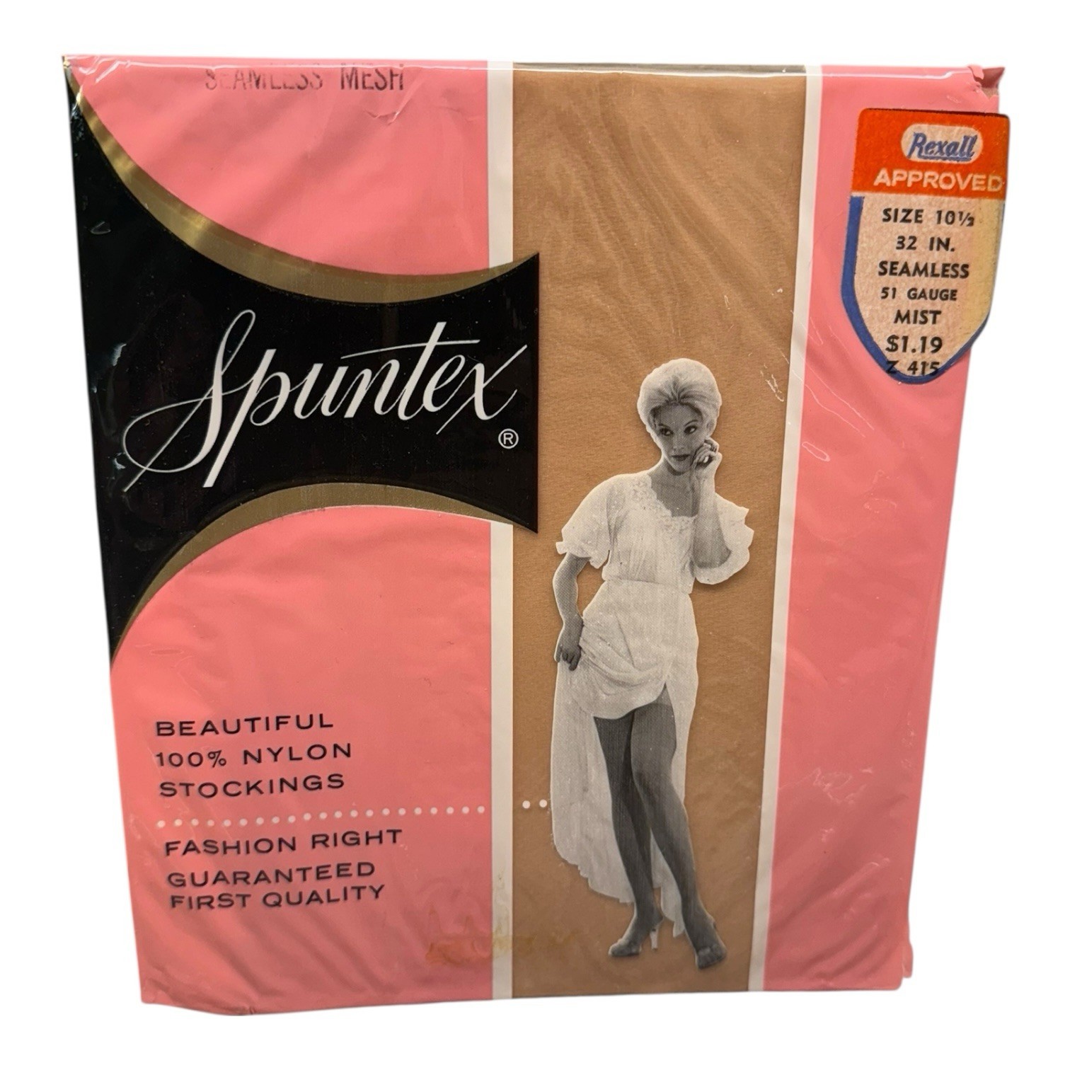 Vintage Rexall Spuntex Beautiful Seamless Stockings Size 10 1/2 51 Gauge Mist 32