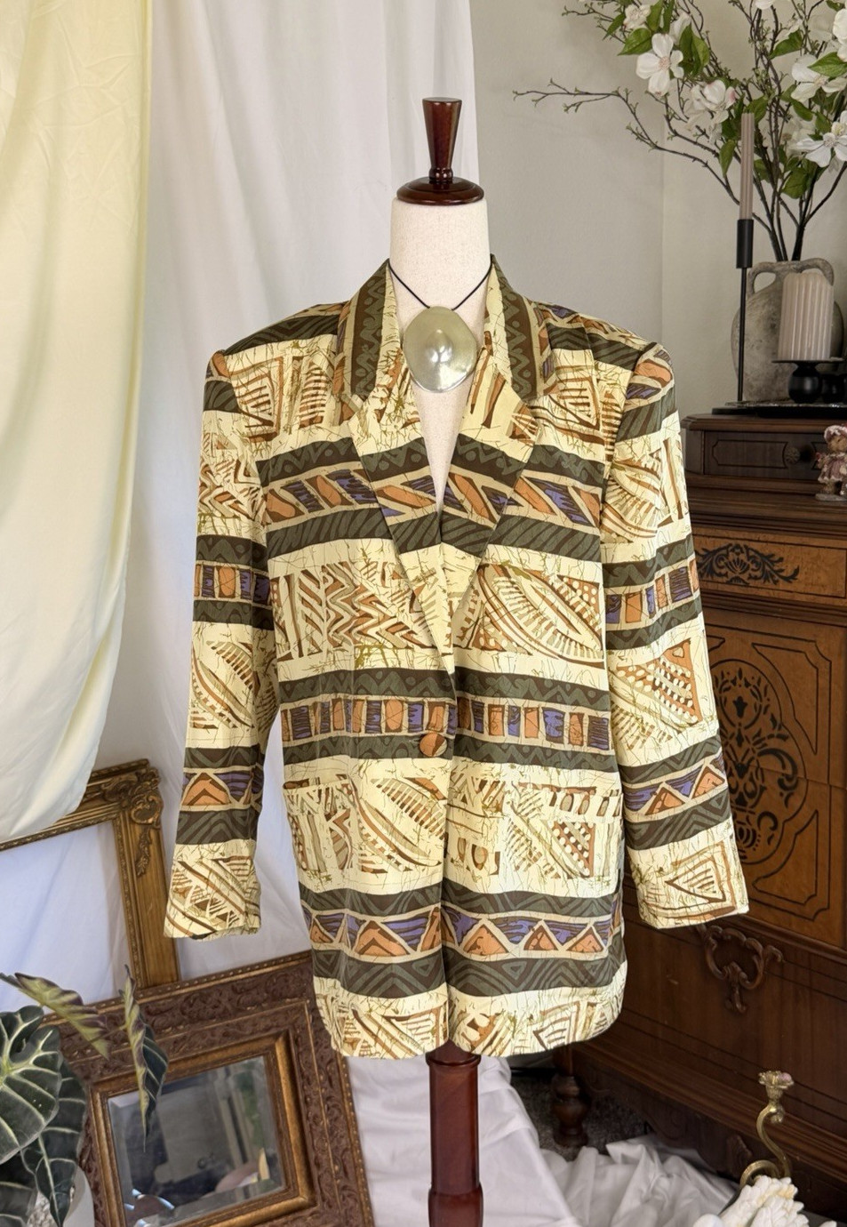 Vintage Silk Carol Horn 90s Geometrical Blazer Retro S
