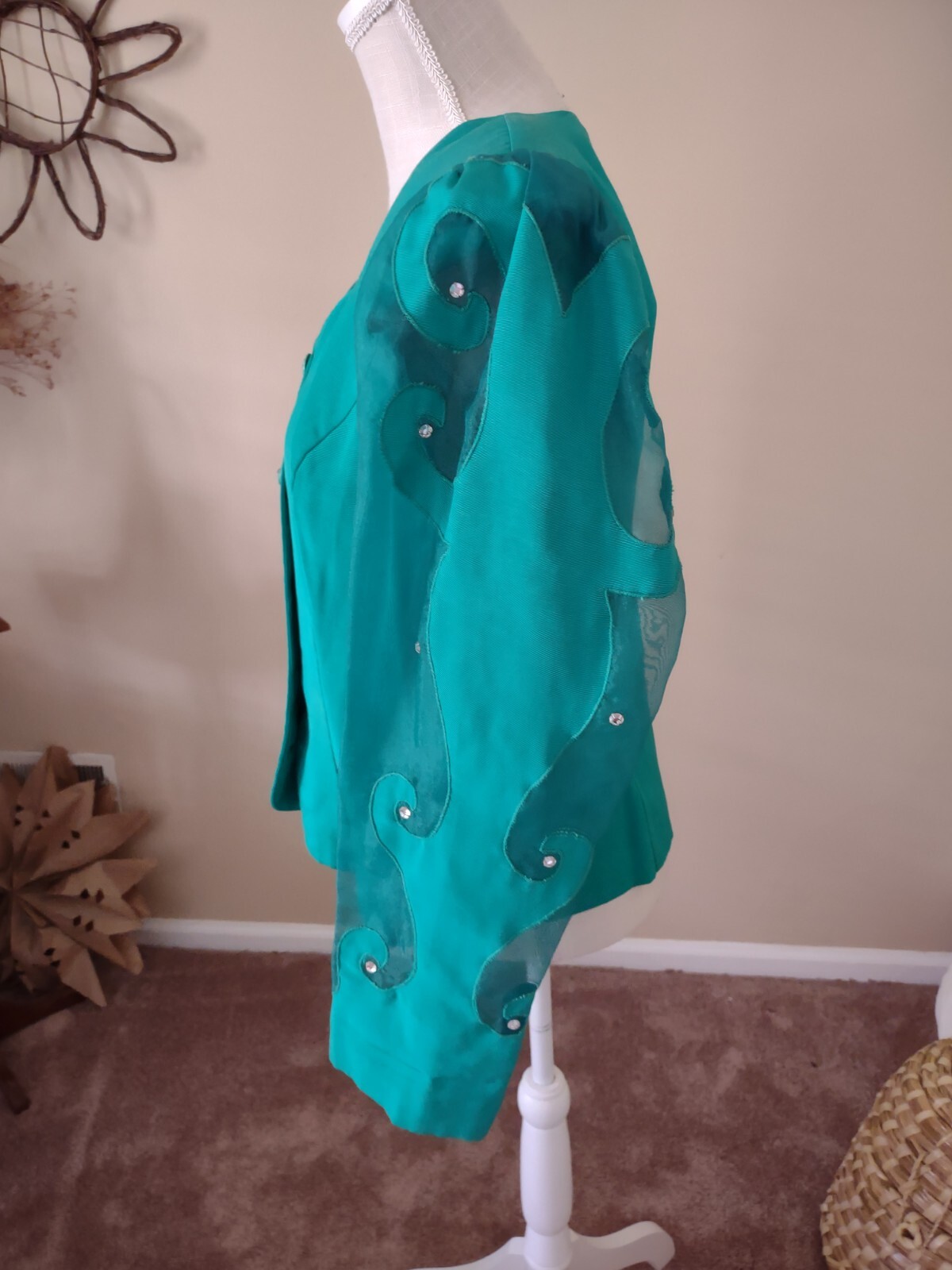 Vintage Women’s Green Top Jacket Retro Rhinestone button up Karen Miller 80s