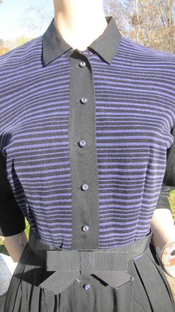 1940s MINX MODES BLACK GABARDINE DRESS W PURPLE CORDUROY BODICE 26W