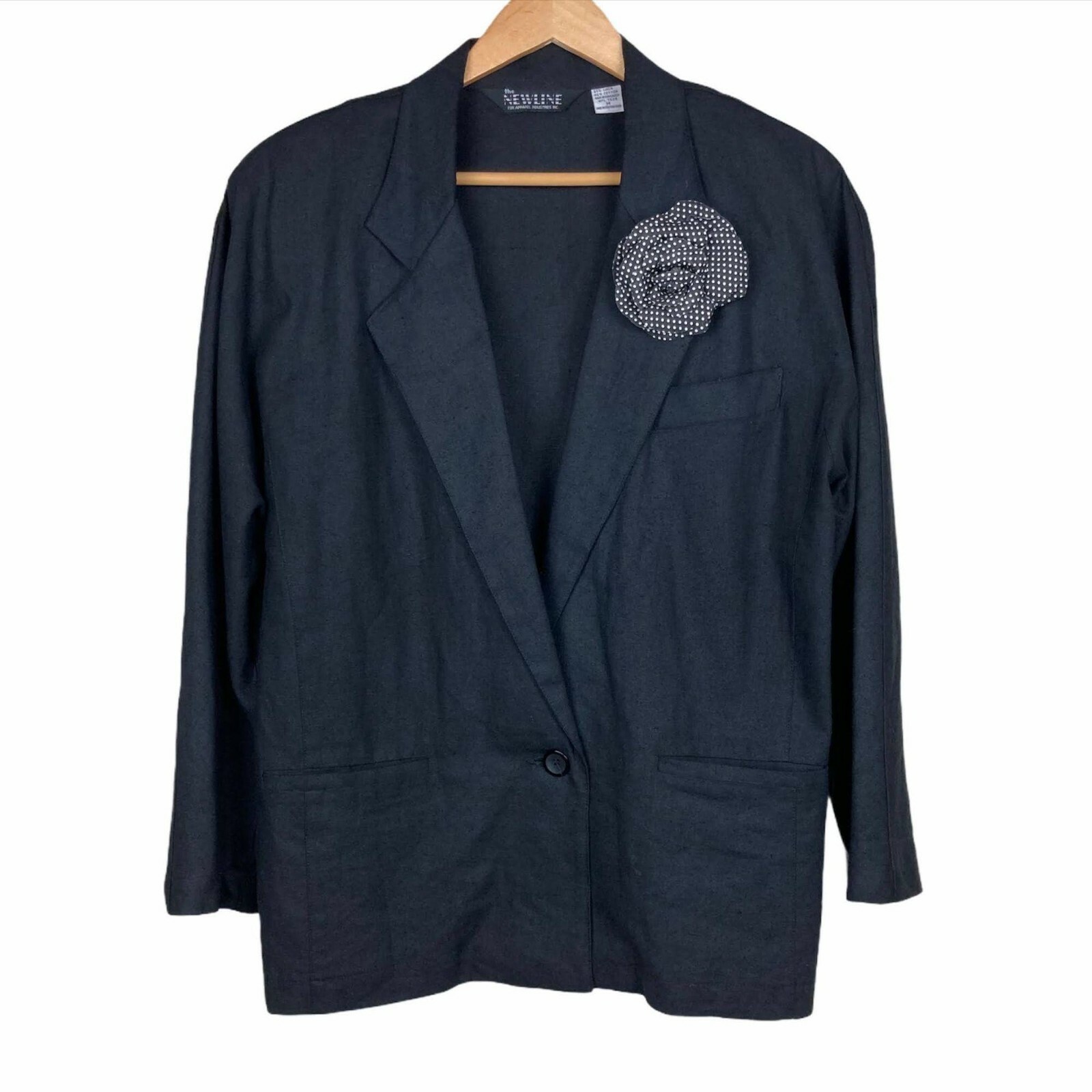 Vintage Blazer Womens Medium Black Linen Cotton Blend 80s Rosette Oversized