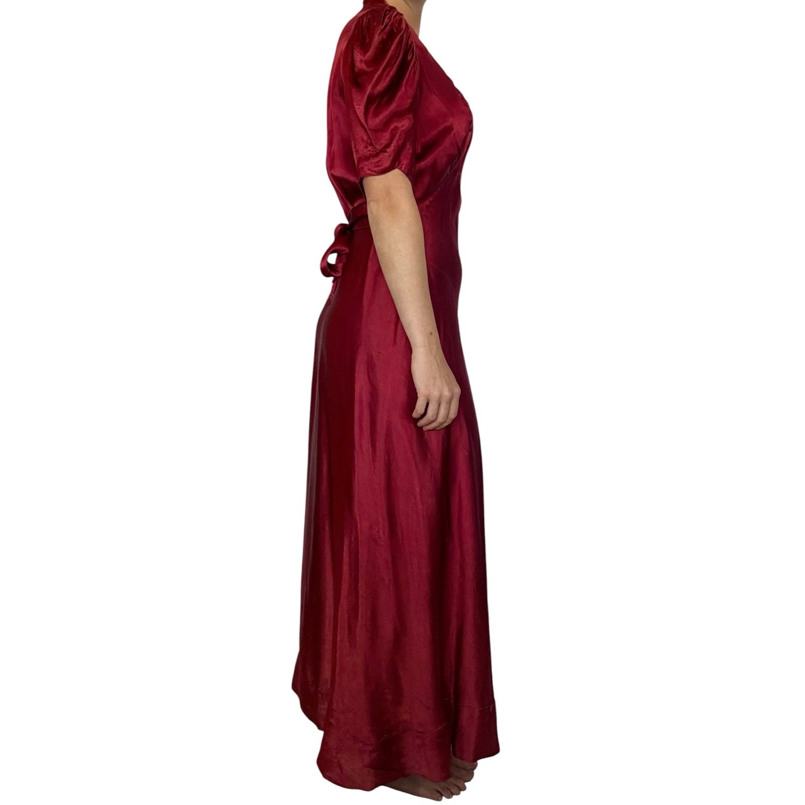 Vintage 1930s Liquid Satin Gown Quilted Floral Bias Cut Maroon Lounge Dress Gown