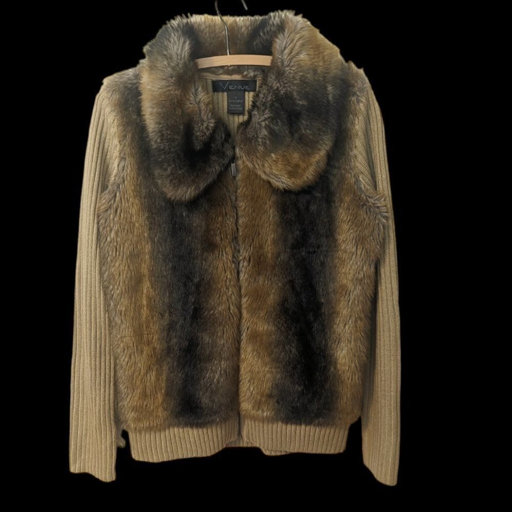 Vintage Faux Fur Jacket Knit Sweater Scarface 70s 80s Glam Mob Wife Disco
