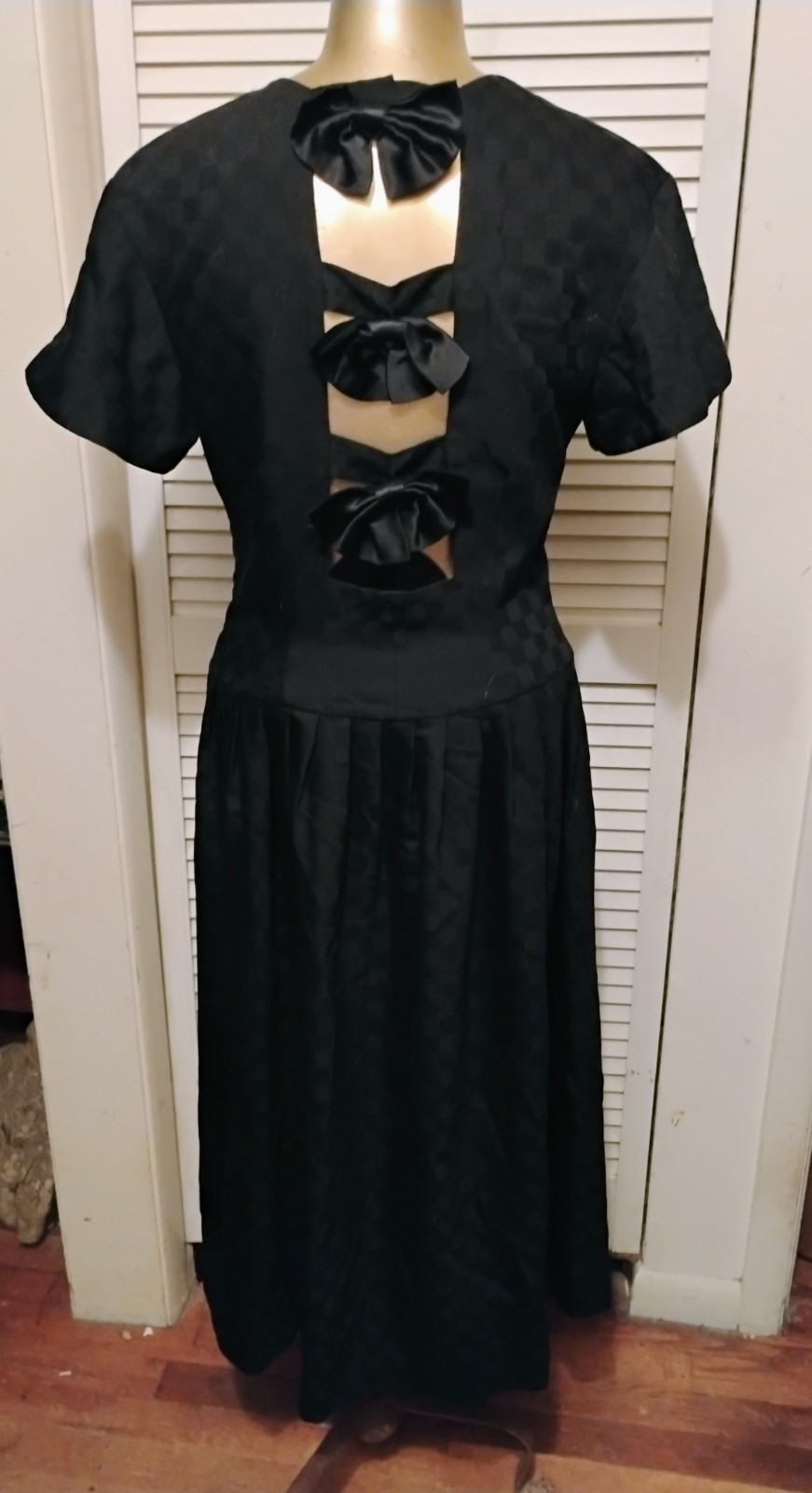 Vintage 80s Black Wool Shadow Check Kathryn Conover Open Bow Back Dress S M