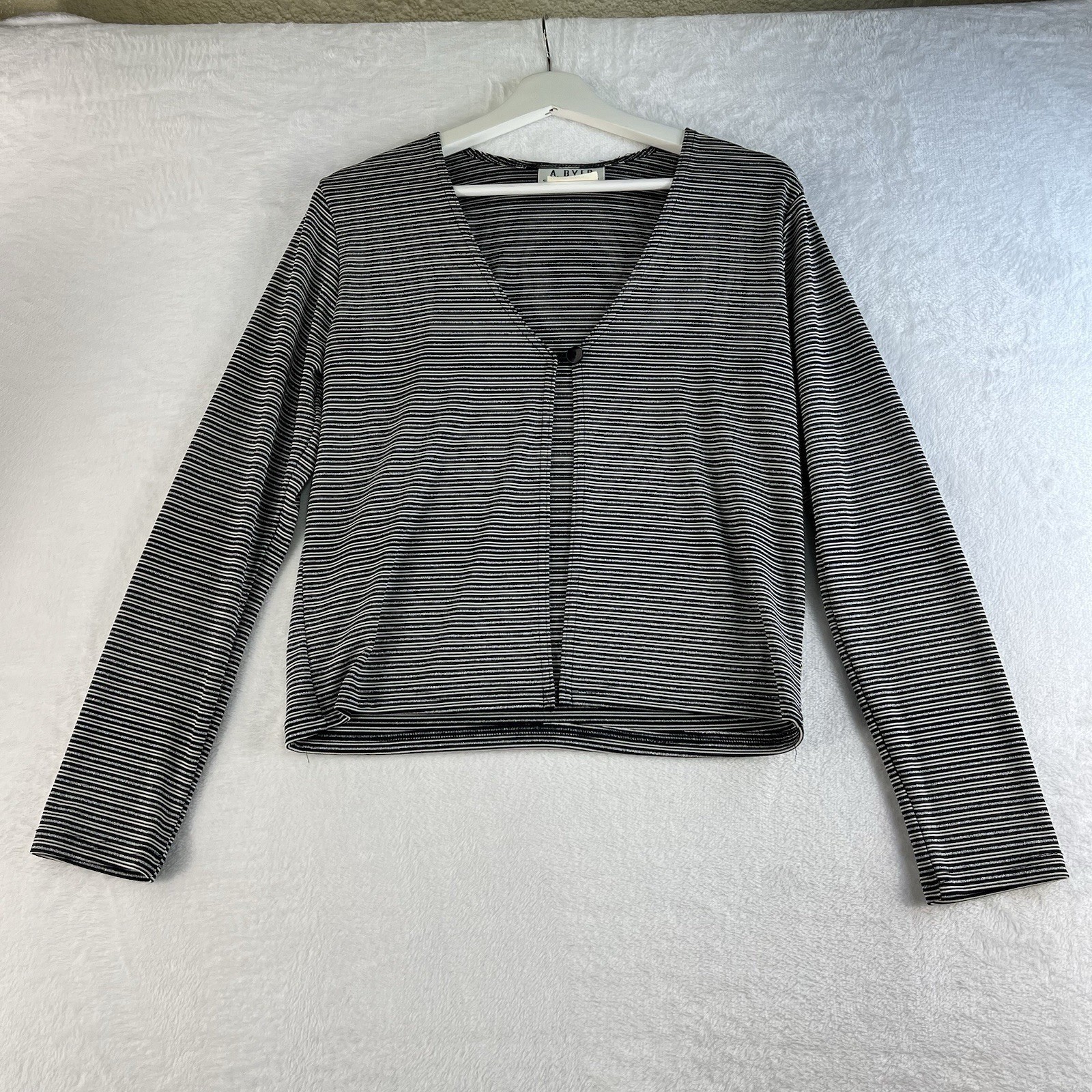 Vintage Y2K 90s Large Cardigan Single Button Metallic Striped Black White USA